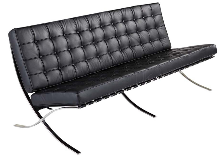 domini 3 zits bank Barcelona Pavillion 3 seat sofa zwart - 180 x 76 x 76 cm - gepolijst roestvrijstalen basis, lederen zitting