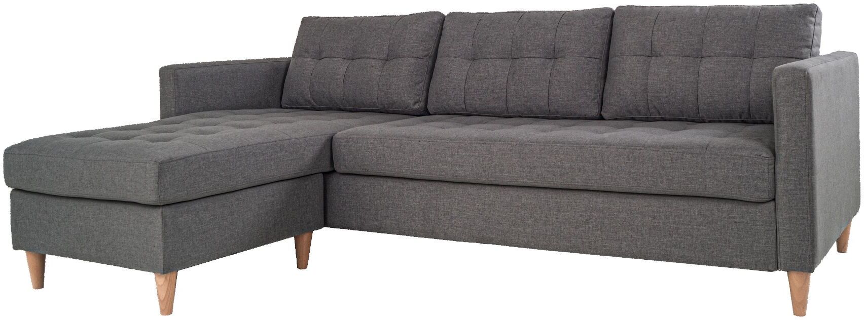 Marino sofa, sjeselong høyre eller venstrevent i stoff lys grå, med treben.