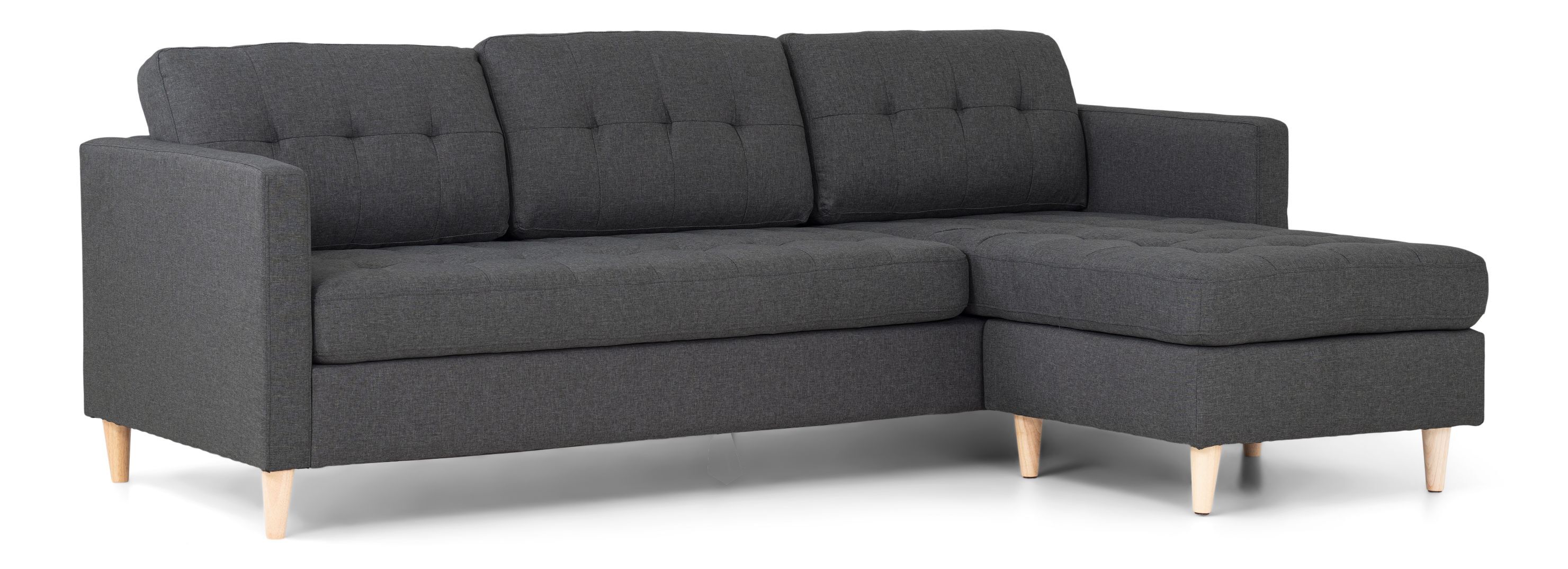 Marino sofa, sjeselongsofa høyre eller venstrevent i stoff mørk grå og med treben.