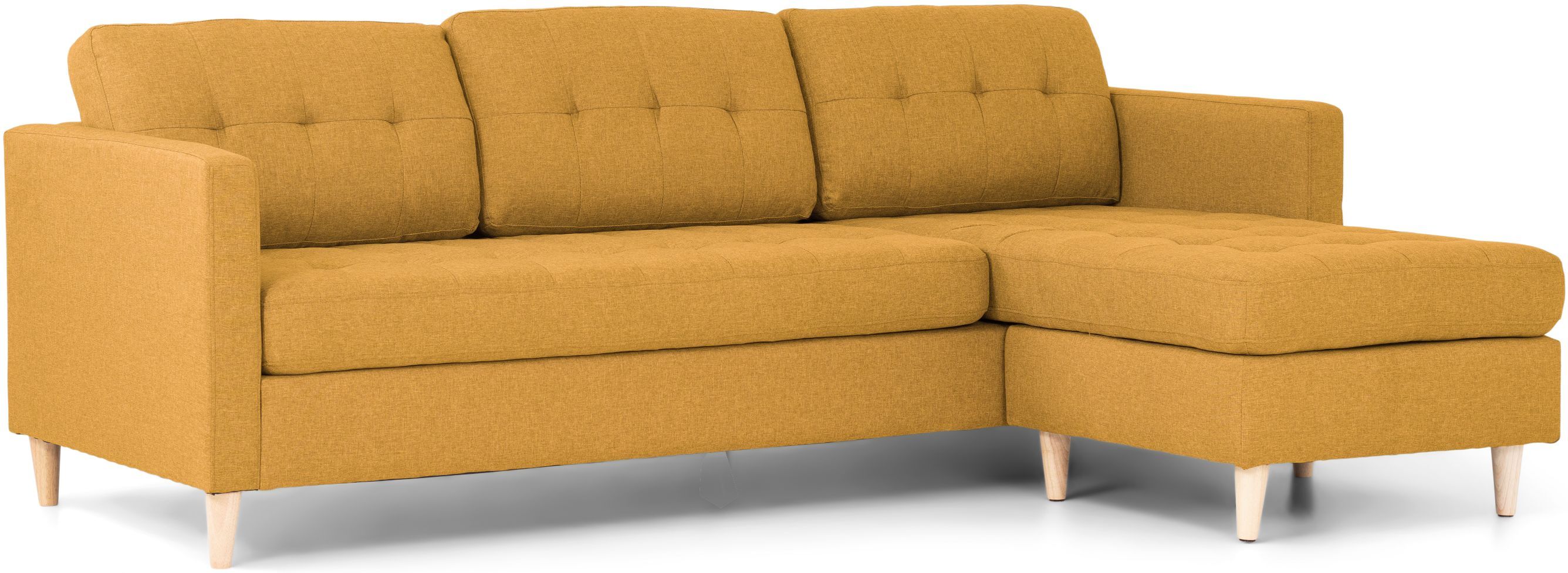 Marino sofa, sjeselongsofa høyre eller venstrevent i stoff karri gul og med treben.