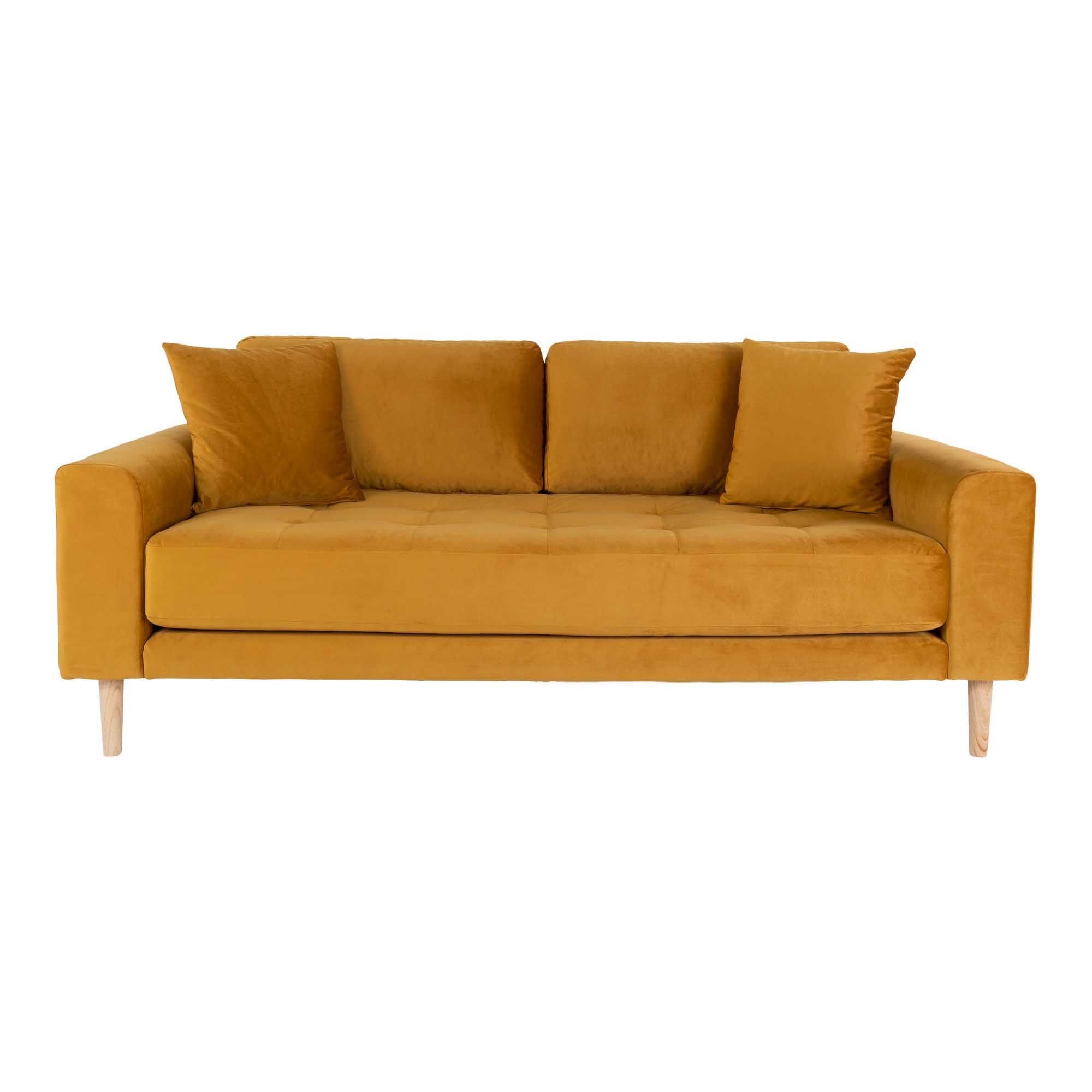 Lido sofa 2,5 seter velur inkl. 2 pynteputer, sennepsgul.