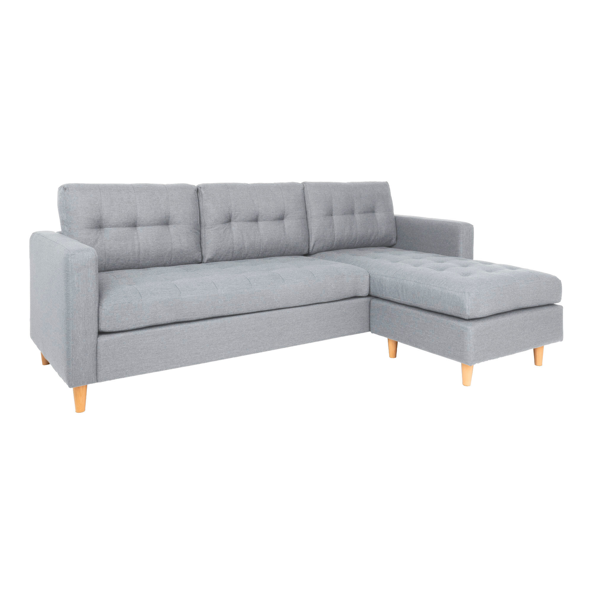 Marino sofa, sjeselong høyre eller venstrevent i stoff lys grå, med treben.