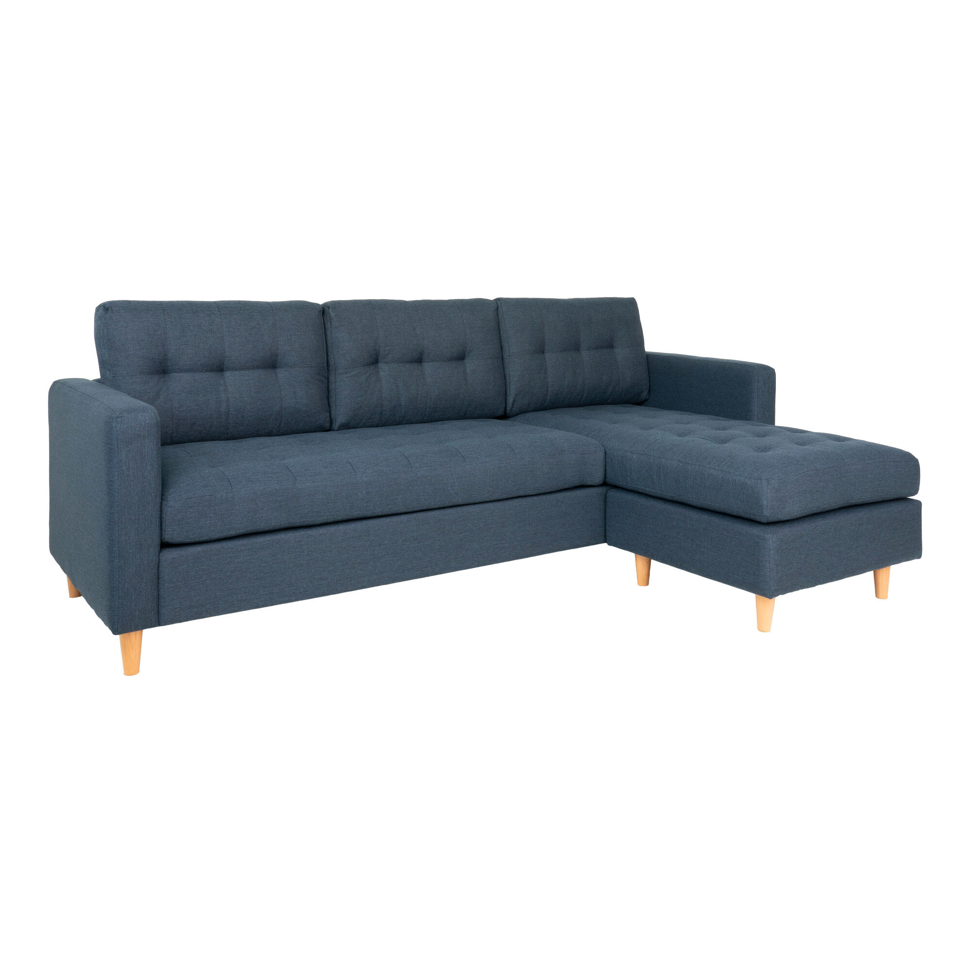 Marino sofa, sjeselongsofa høyre eller venstrevent i stoff blå og med treben.