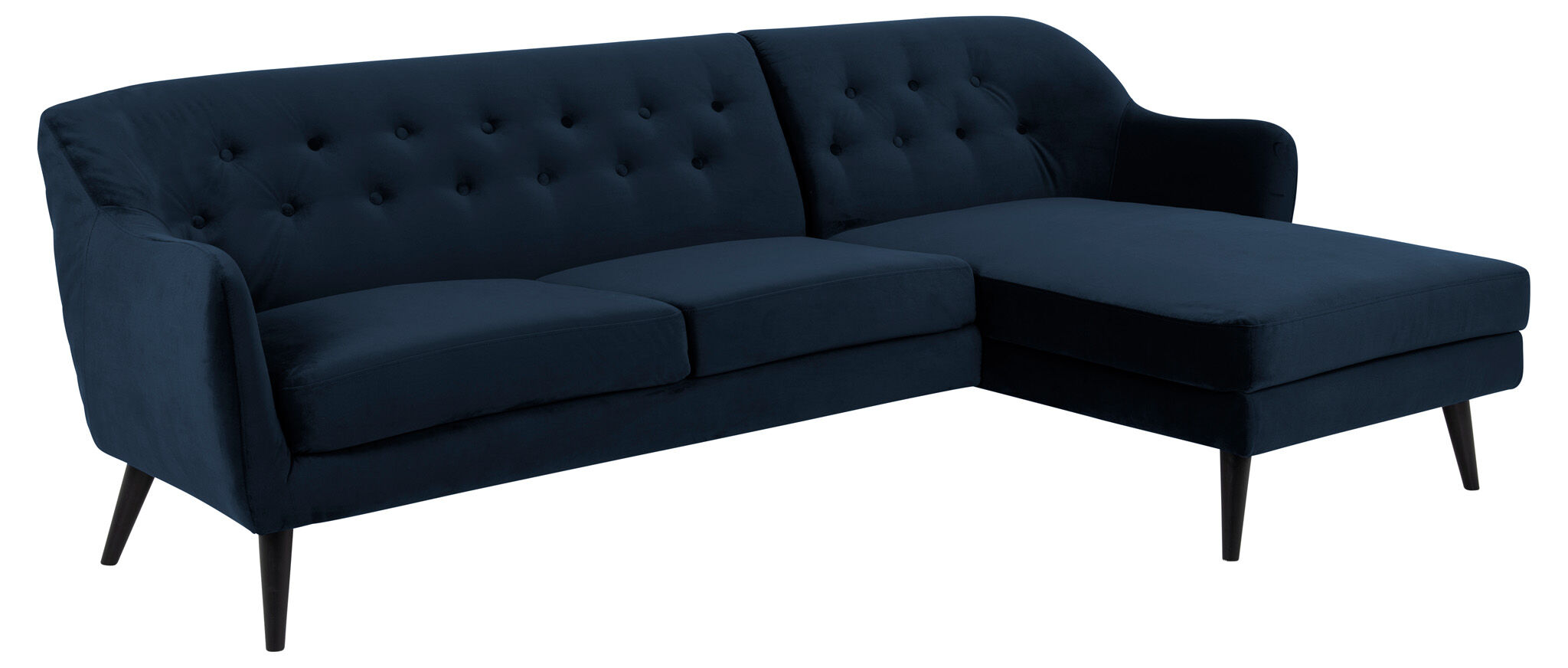 Denver 2,5 -seters sofa med sjeselong og svarte treben. Mørke blå Høyresving