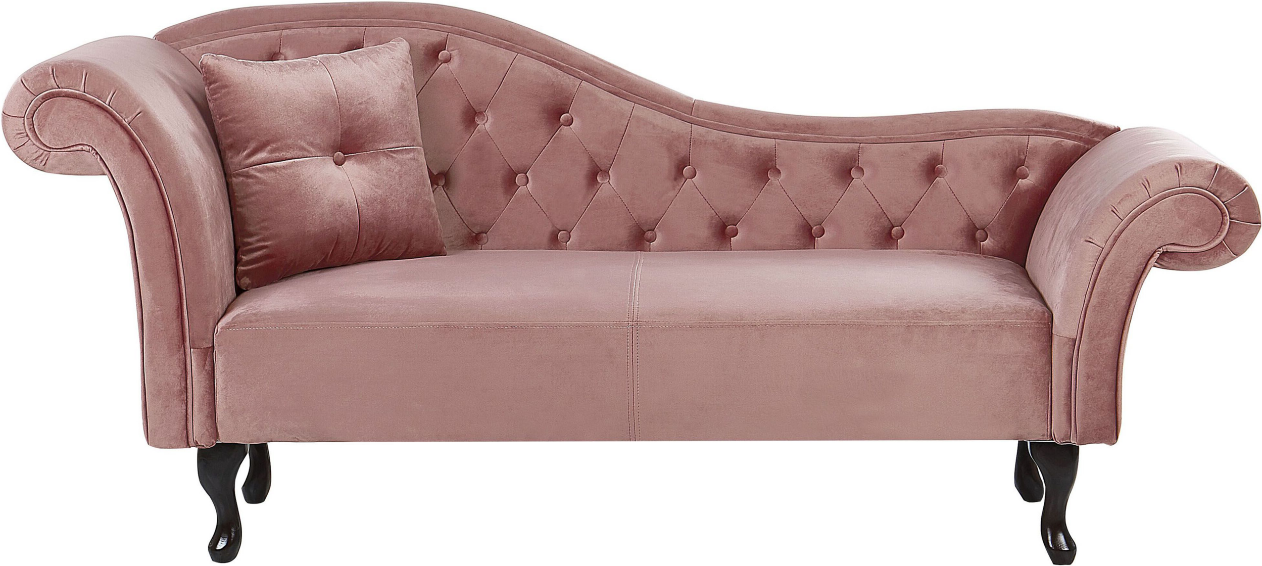 Beliani Sofá Chaise-longue de veludo rosa com botões estofados braço enrolado à esquerda e almofada