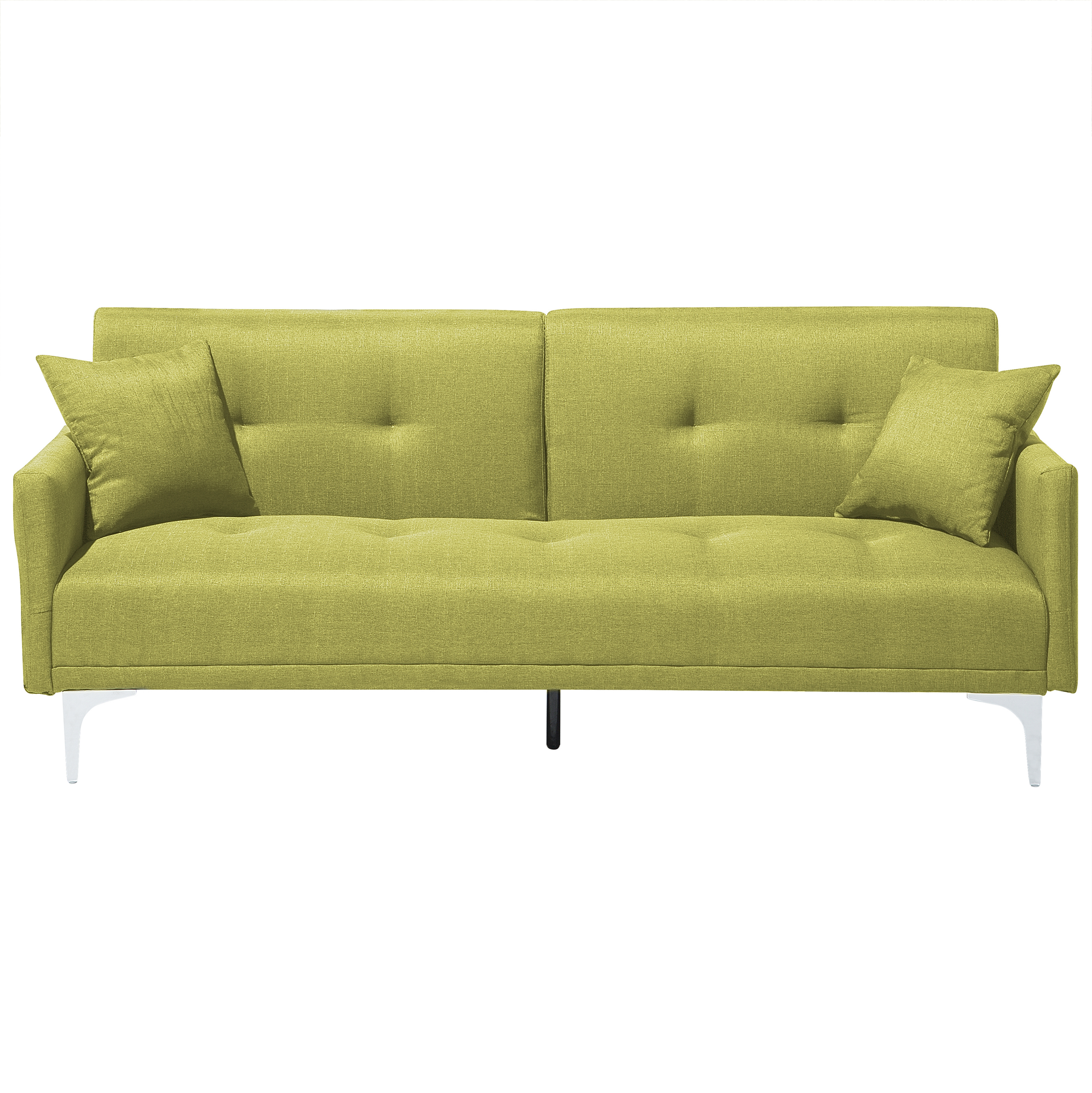 Beliani Sofá-cama de 3 lugares tecido verde oliva com encosto rebatível por mecanismo click clack pernas de metal prateado duas almofadas
