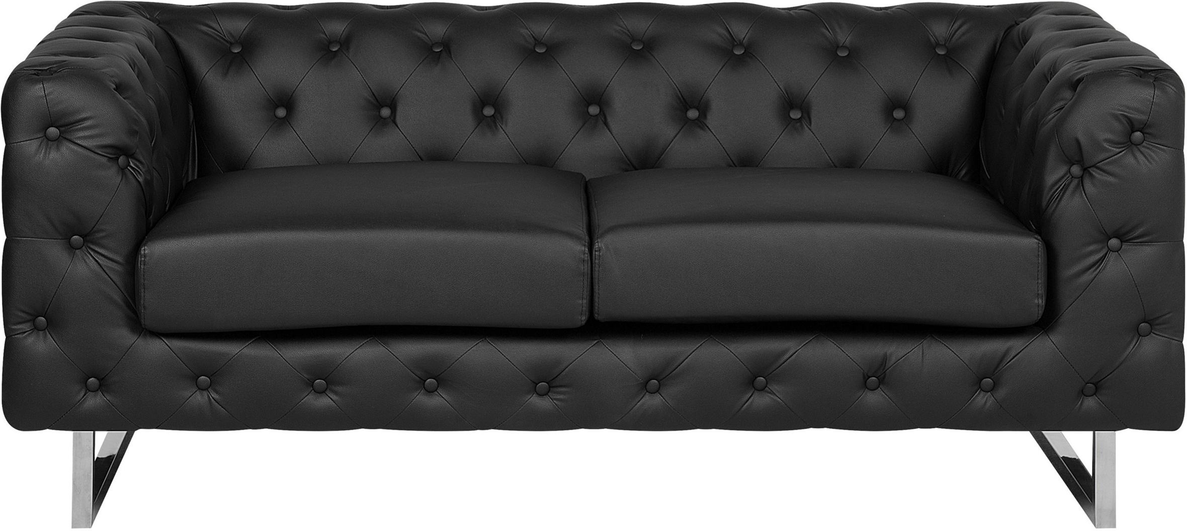 Beliani Sofá de 2 lugares estilo Chesterfield de pele sintética preta e pernas de aço inoxidável para salas de estar chiques e glamourosas