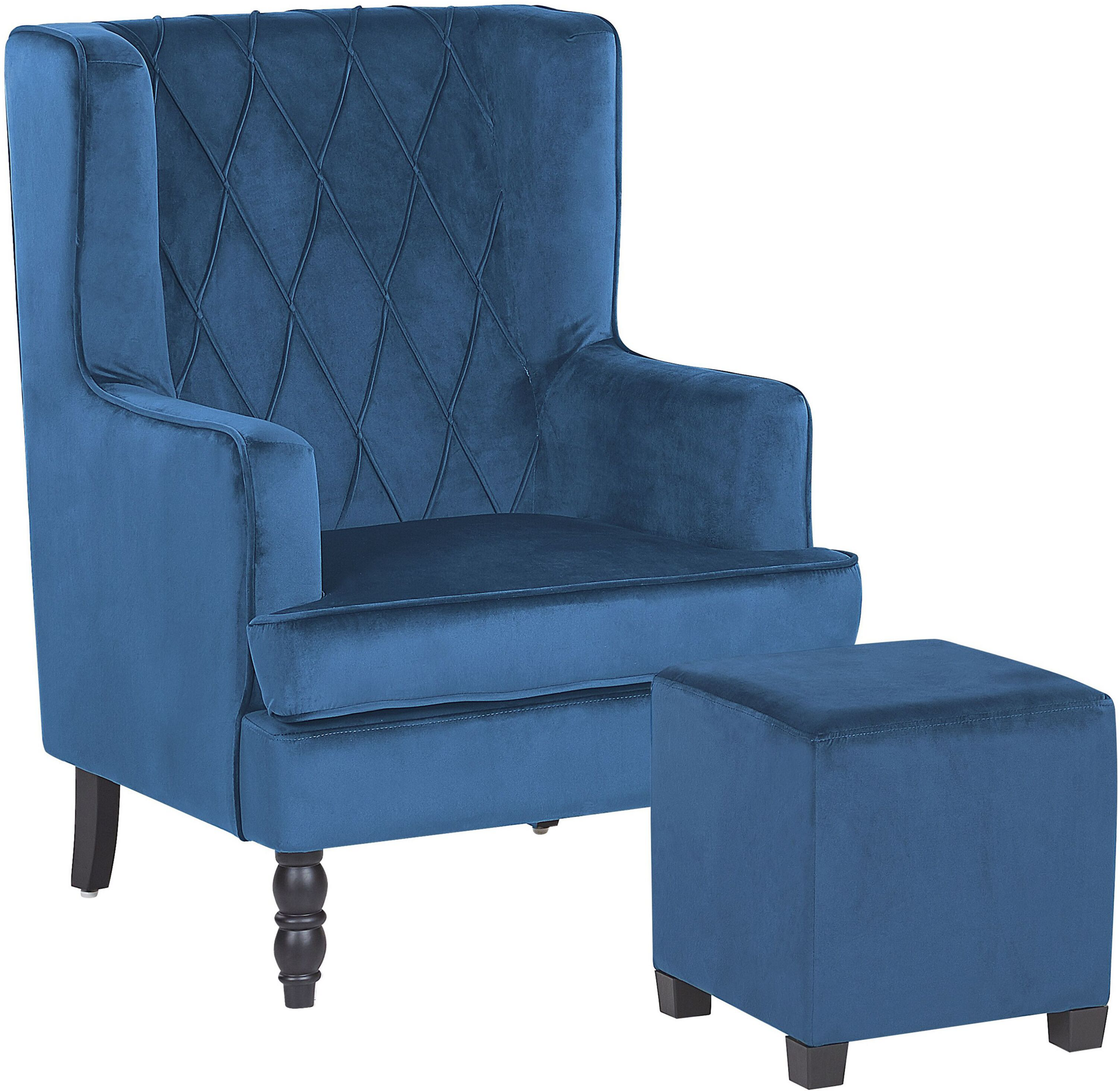 Beliani Poltrona com repousa-pés em tecido azul pés de madeira estilo wingback