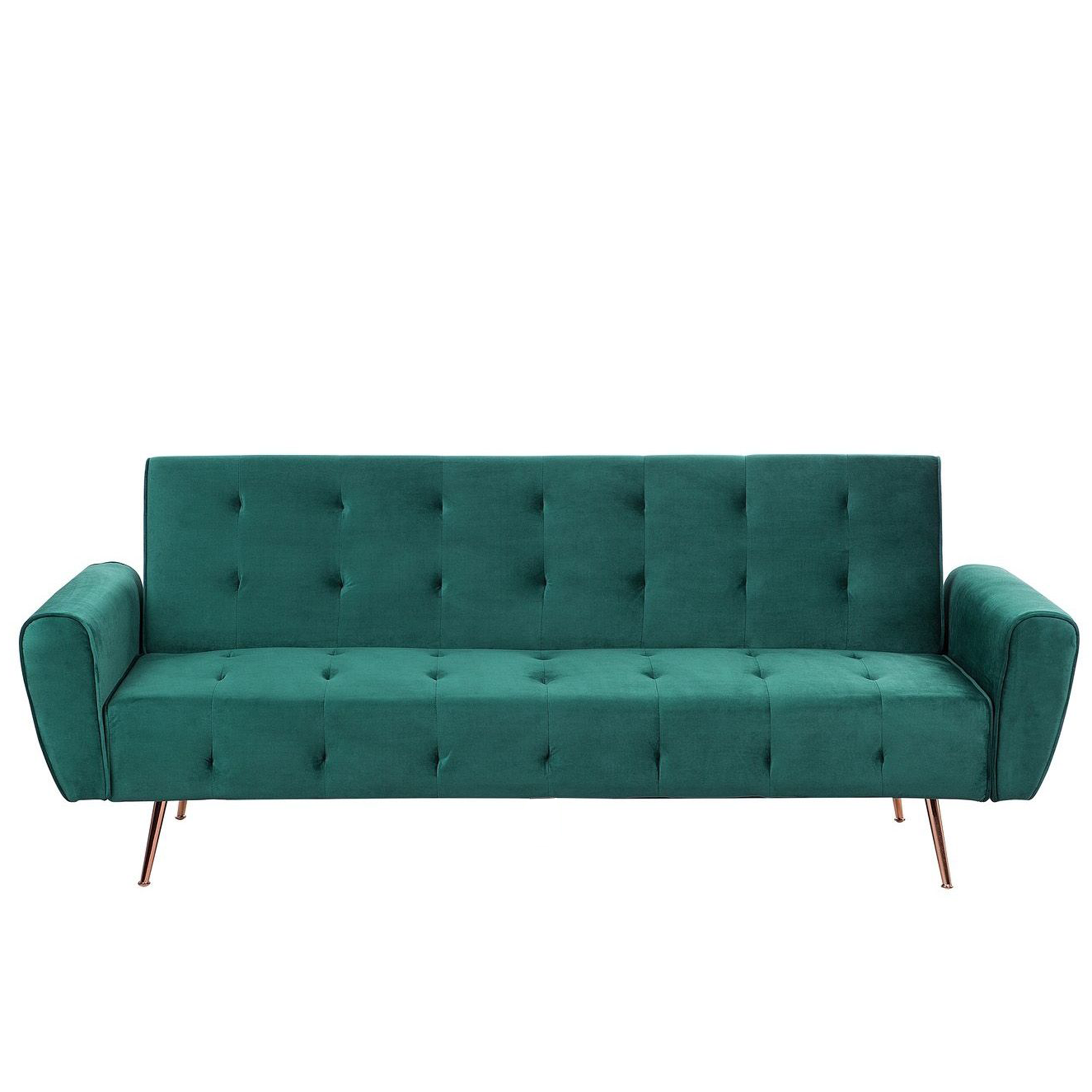 Beliani Sofá-cama de 3 lugares estofado em veludo verde moderno confortável e elegante