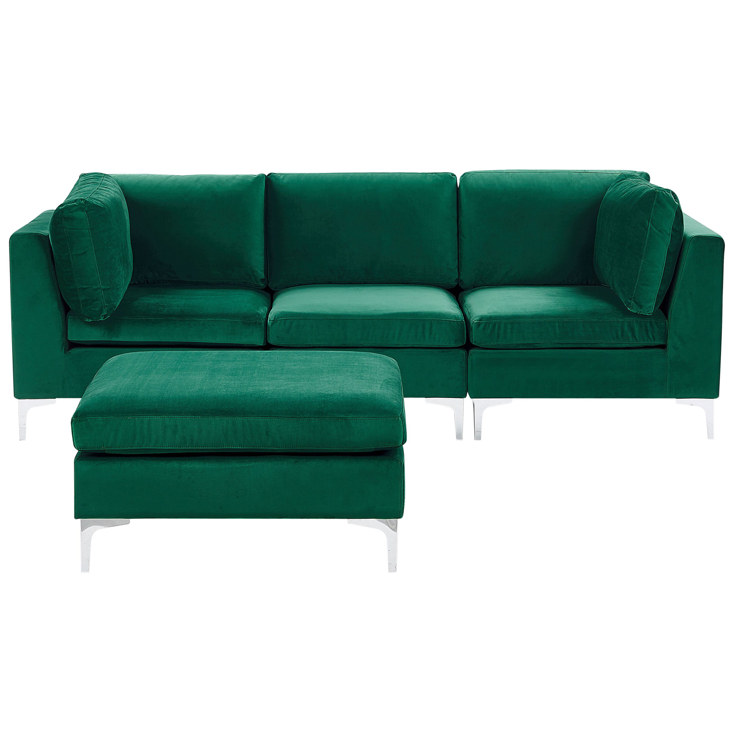 Beliani Sofá modular de canto em veludo verde 3 lugares em forma de L pernas de metal prateado esquerdo com repousa-pés estilo glamour