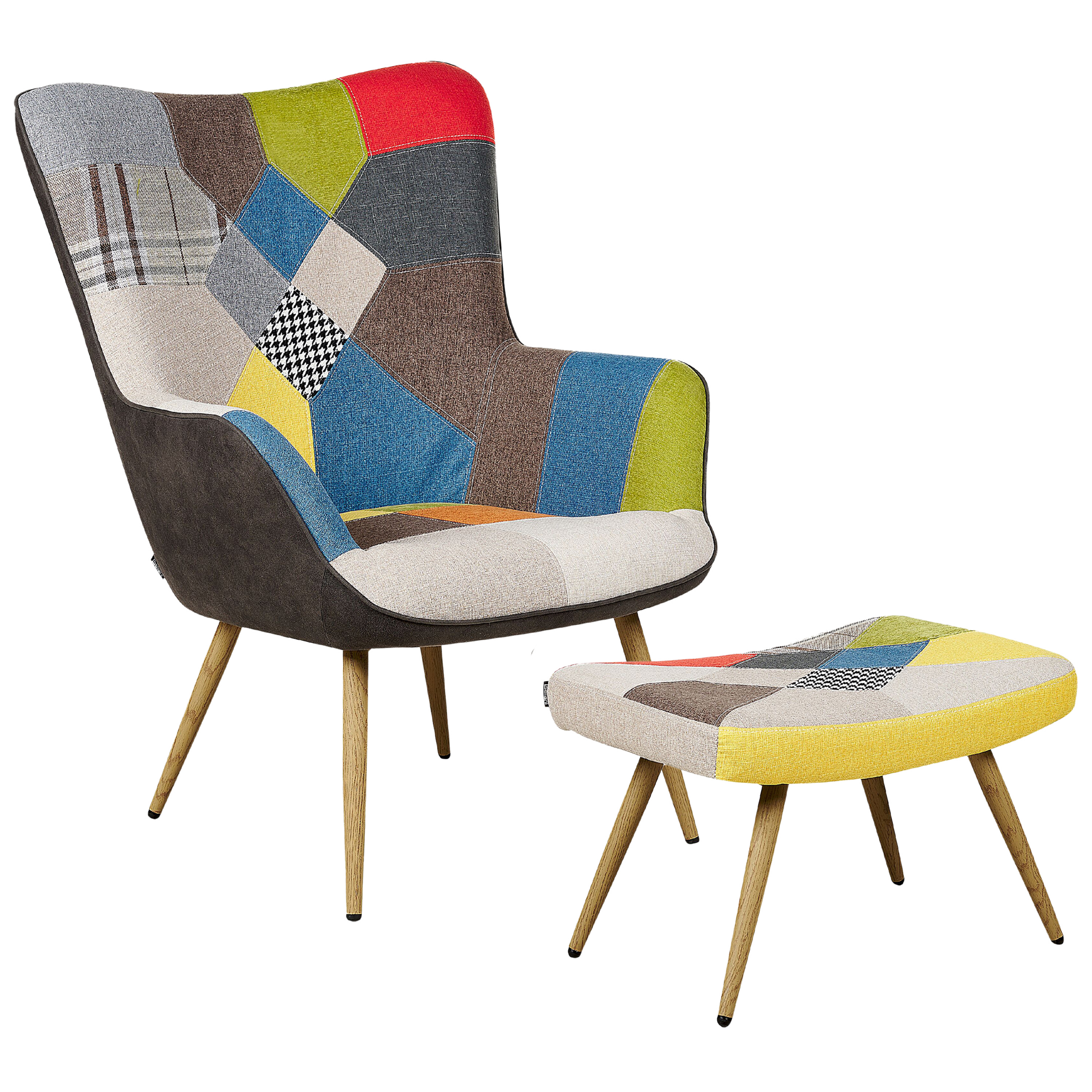 Beliani Poltrona de patchwork com repousa-pés de design retro escandinavo para sala de estar ou canto de leitura