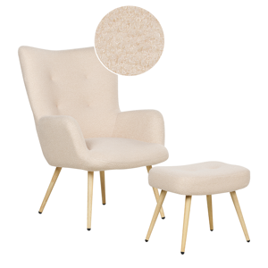 Beliani Wingback fåtölj med ottoman Beige Boucle tyg Knäppt Solid mönster Retro stil Vardagsrum