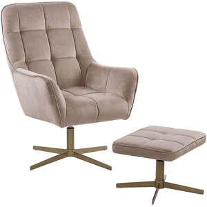 Beliani Fåtölj och Fotpall Beige Sammet Klädd Guldfärgade Metallben Modern Retro Vardagsrum