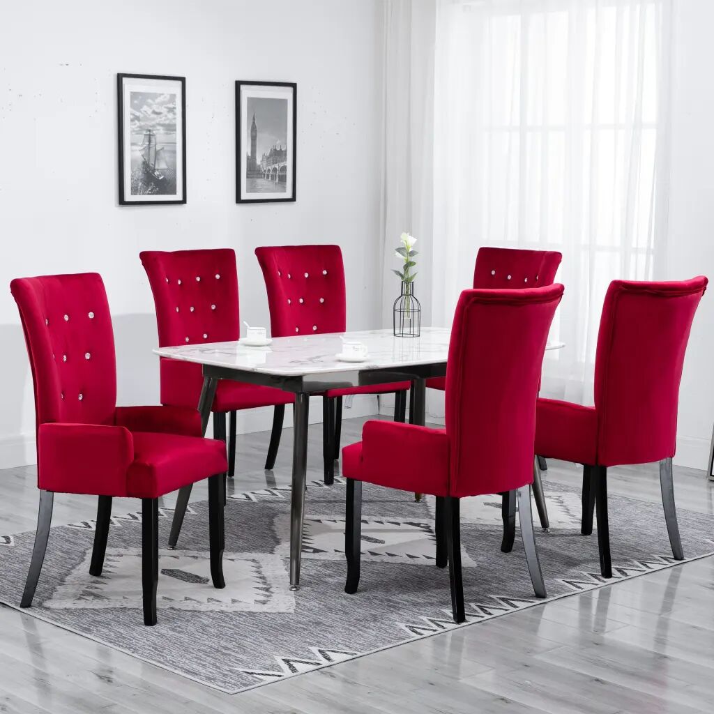 vidaXL Jedálenské stoličky s opierkami 6 ks červené zamatové
