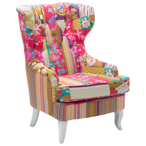 Beliani Armchair Multicolour Pink Fabric Patchwork Wingback Chair Button Tufted Wooden Legs Retro Design Material:Polyester Size:80x100x70