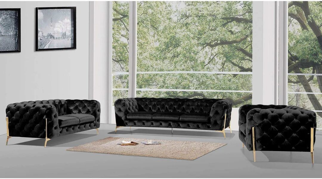 Photos - Storage Combination Etta Avenue Chesterfield Atoka Sofa Set 3+2+1 with Gold Metal Legs black 7