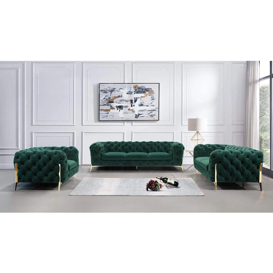 Photos - Storage Combination Etta Avenue Chesterfield Atoka Sofa Set 3+2+1 with Gold Metal Legs green 7
