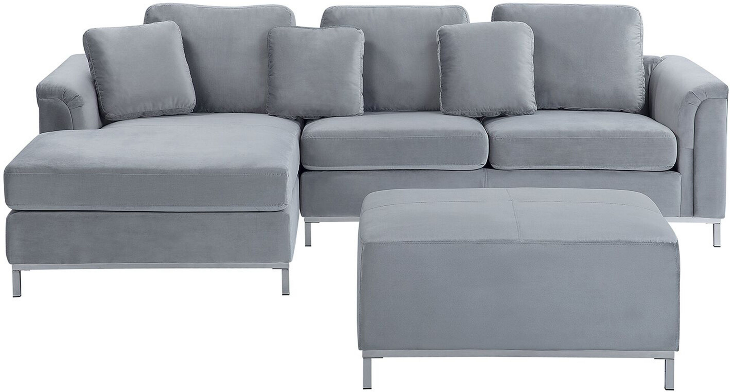 Beliani Corner Sofa Light Grey Velvet Upholstered with Ottoman L-shaped Right Hand Orientation