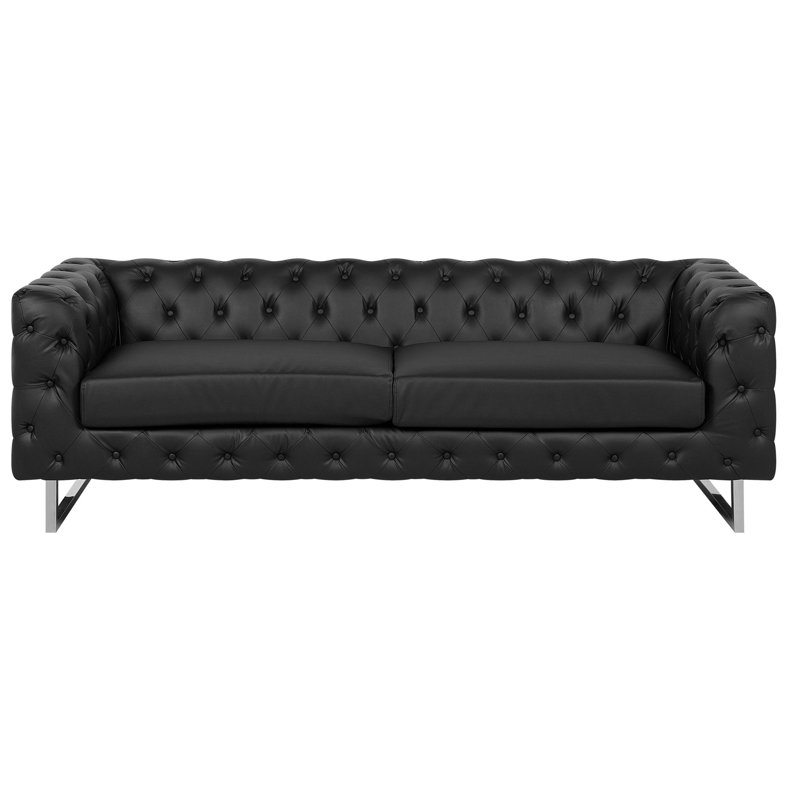 Beliani 3 Seater Chesterfield Style Sofa Black Tuxedo Arms Buttoned Back Silver Legs Faux Leather