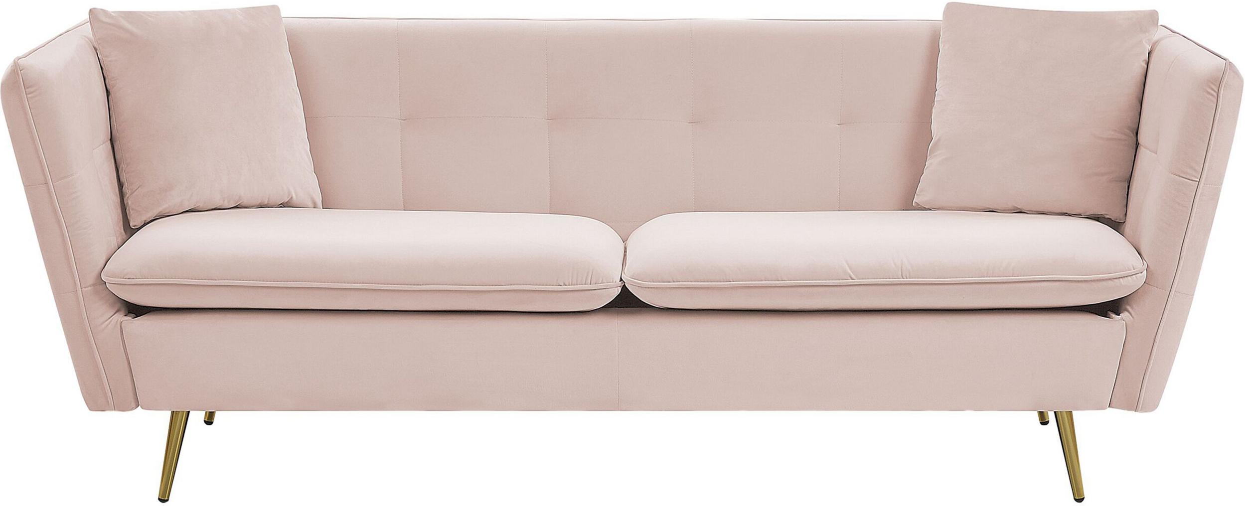 Beliani 3 Seater Sofa Pink Velvet Fabric Upholstery Button Tufted with Gold Legs