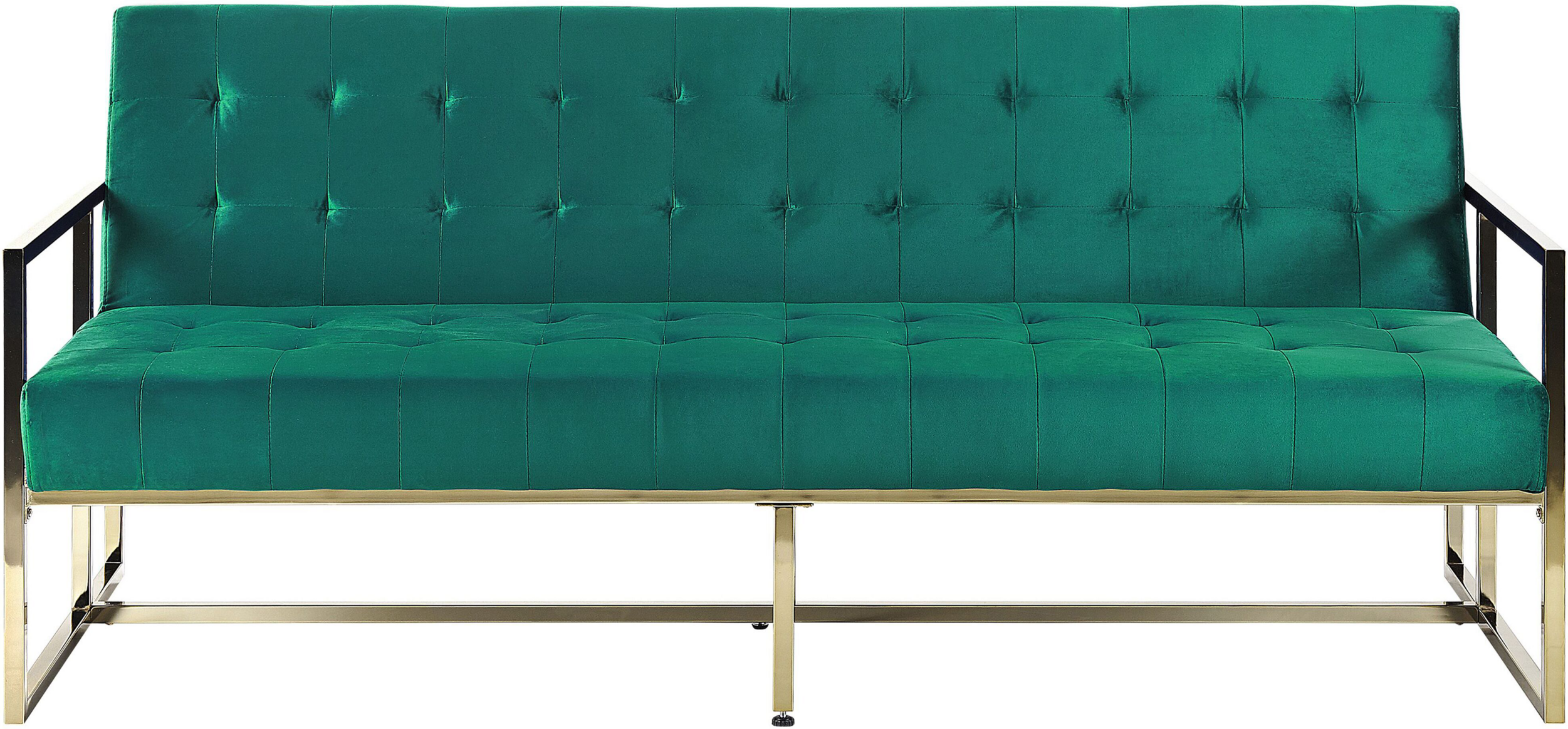 Beliani Sofa Bed Green Velvet Tufted Upholstery 3 Seater Gold Metal Frame with Armrests Retro Style