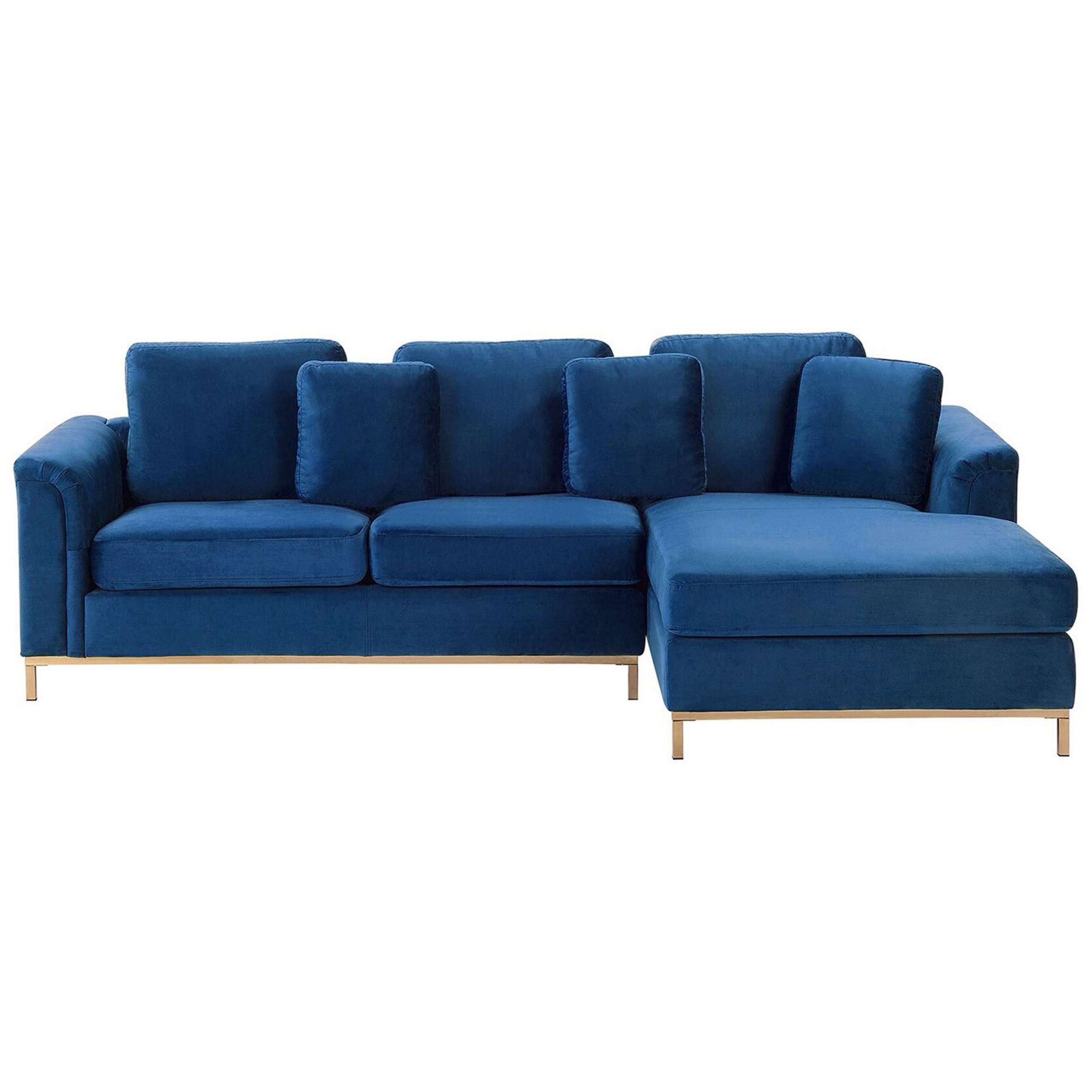 Beliani Corner Sofa Blue Velvet Upholstered L-shaped Left Hand Orientation