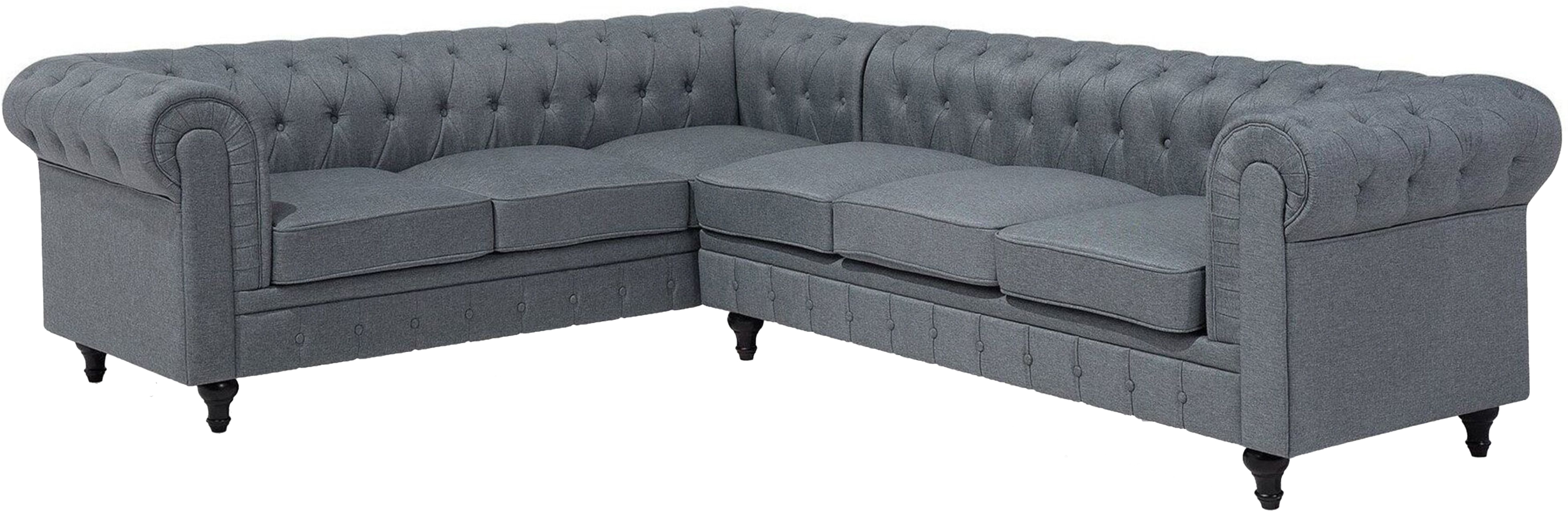 Beliani Chesterfield Right Hand Fabric Corner Sofa Grey Fabric Upholstery Dark Wood Legs Chaise 6 Seater Contemporary