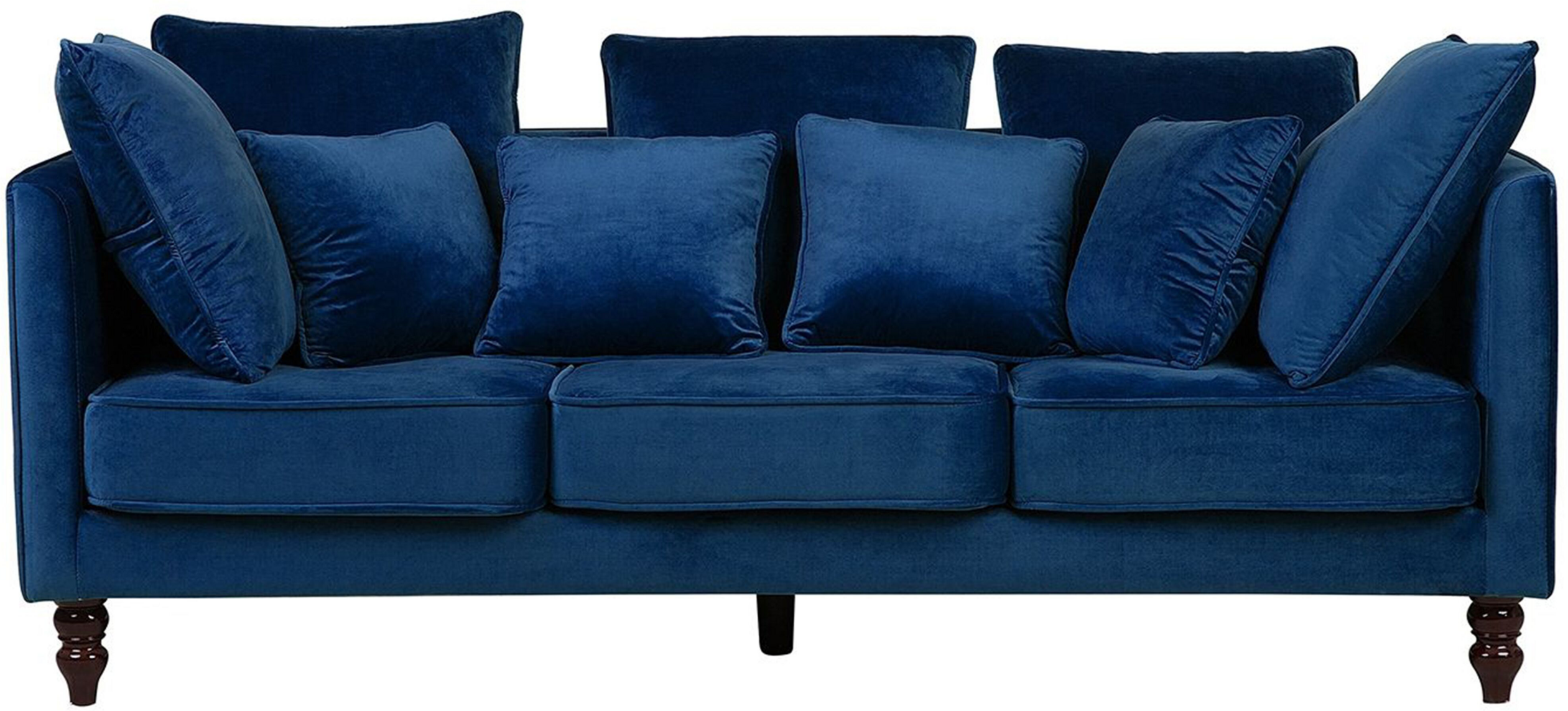 Beliani Sofa Blue Velvet Upholstered 3 Seater Cushioned Seat and Back with Wooden Legs