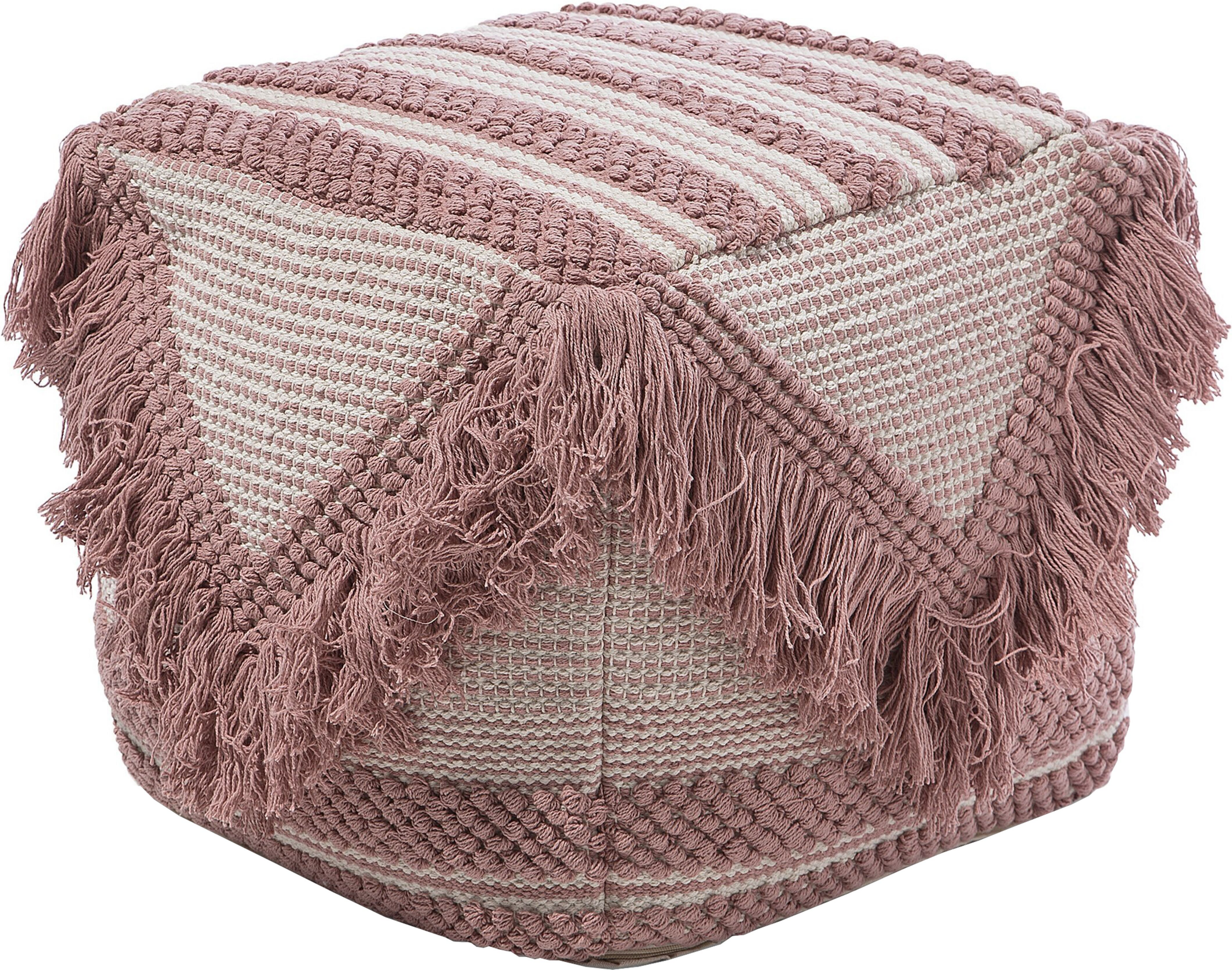 Beliani Pouffe Pink Cotton Tassels and Stripes Decorative Boho Rustic