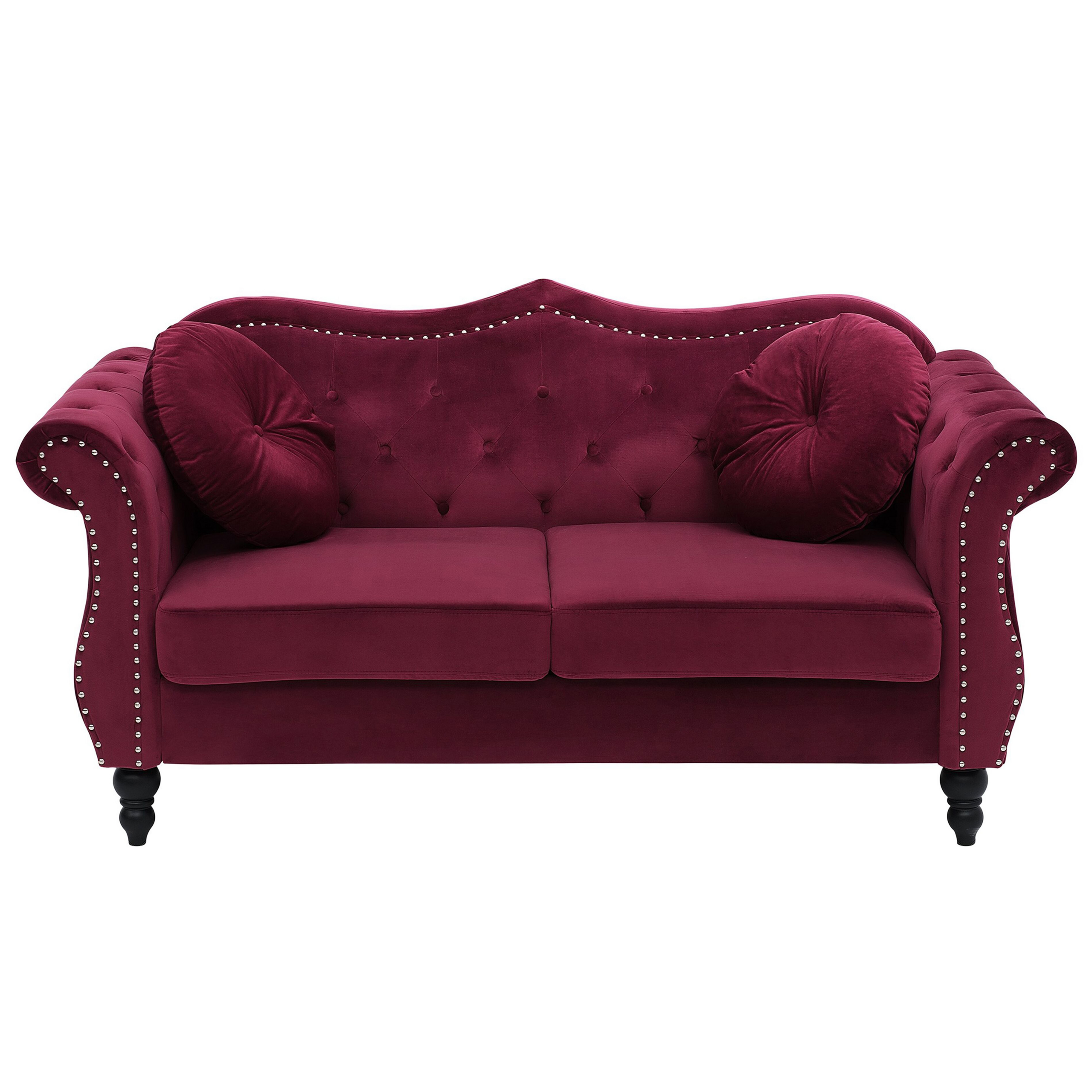 Beliani Sofa Red Velvet 2 Seater Nailhead Trim Button Tufted Throw Pillows Rolled Arms Glam