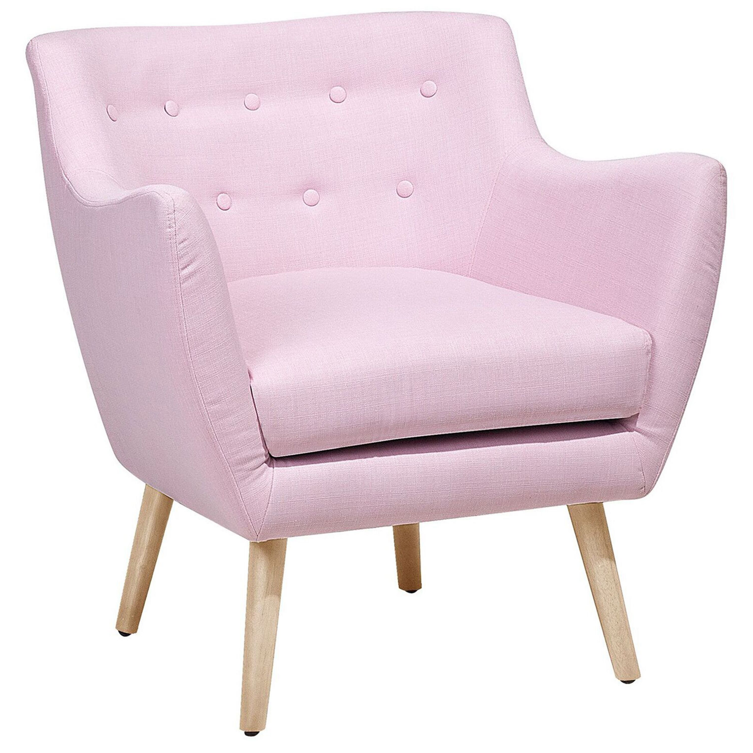 Beliani Armchair Pink Fabric Button Back Rubberwood Legs Modern