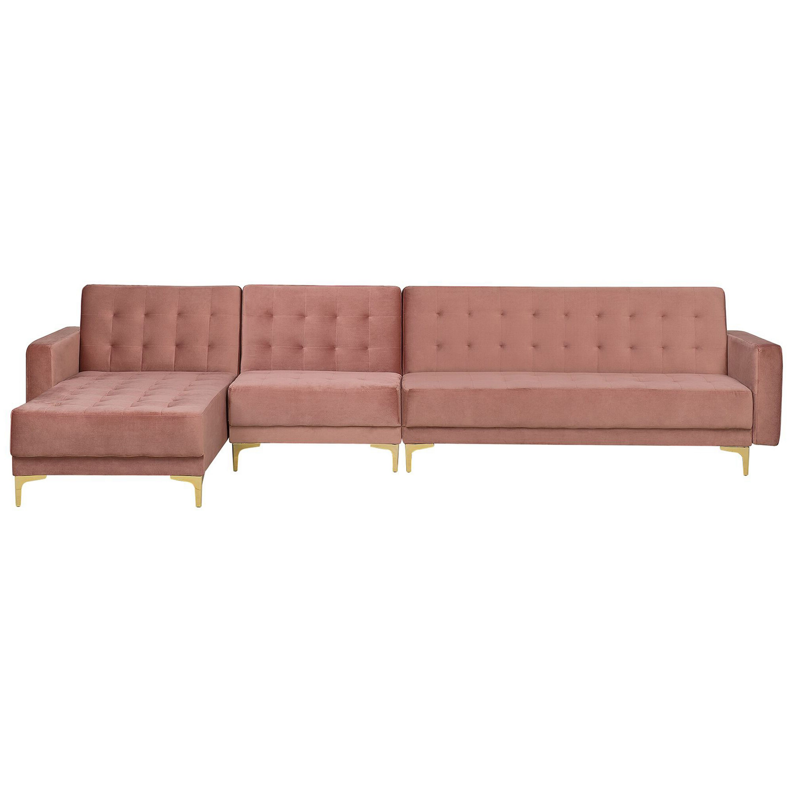 Beliani Corner Sofa Bed Pink Velvet Tufted Fabric Modern L-Shaped Modular 5 Seater Left Hand Chaise Longue