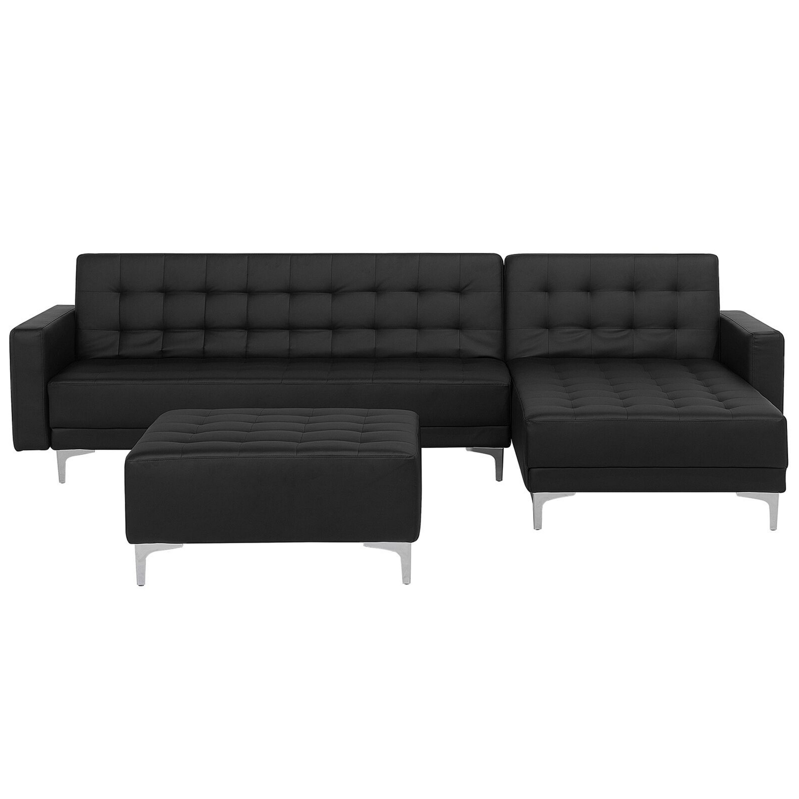 Beliani Corner Sofa Bed Black Faux Leather Tufted Modern L-Shaped Modular 4 Seater with Ottoman Left Hand Chaise Longue