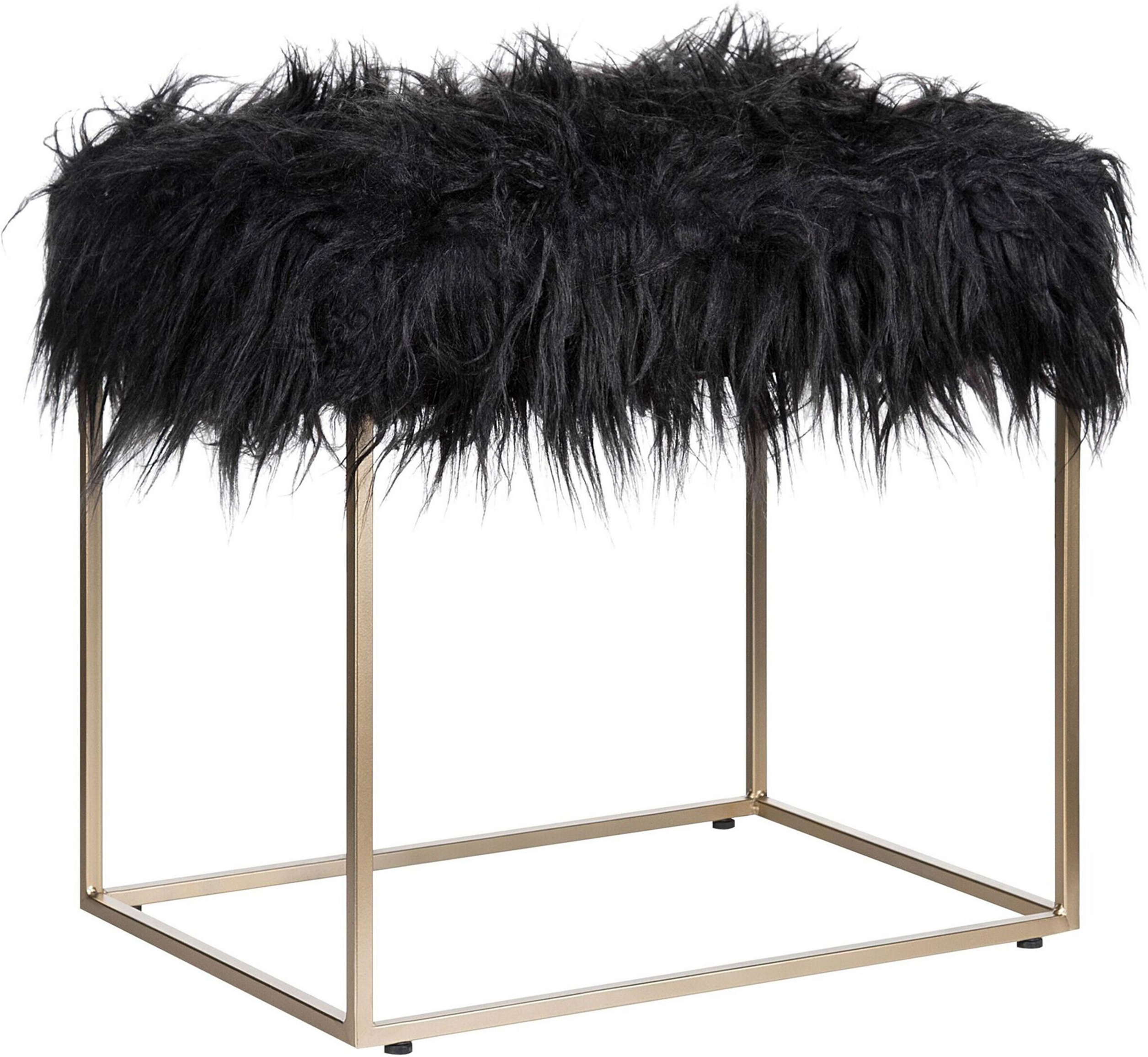 Beliani Faux Fur Footstool Black with Gold Metal Base Faux Sheepskin Dressing Table Stool Glam Modern