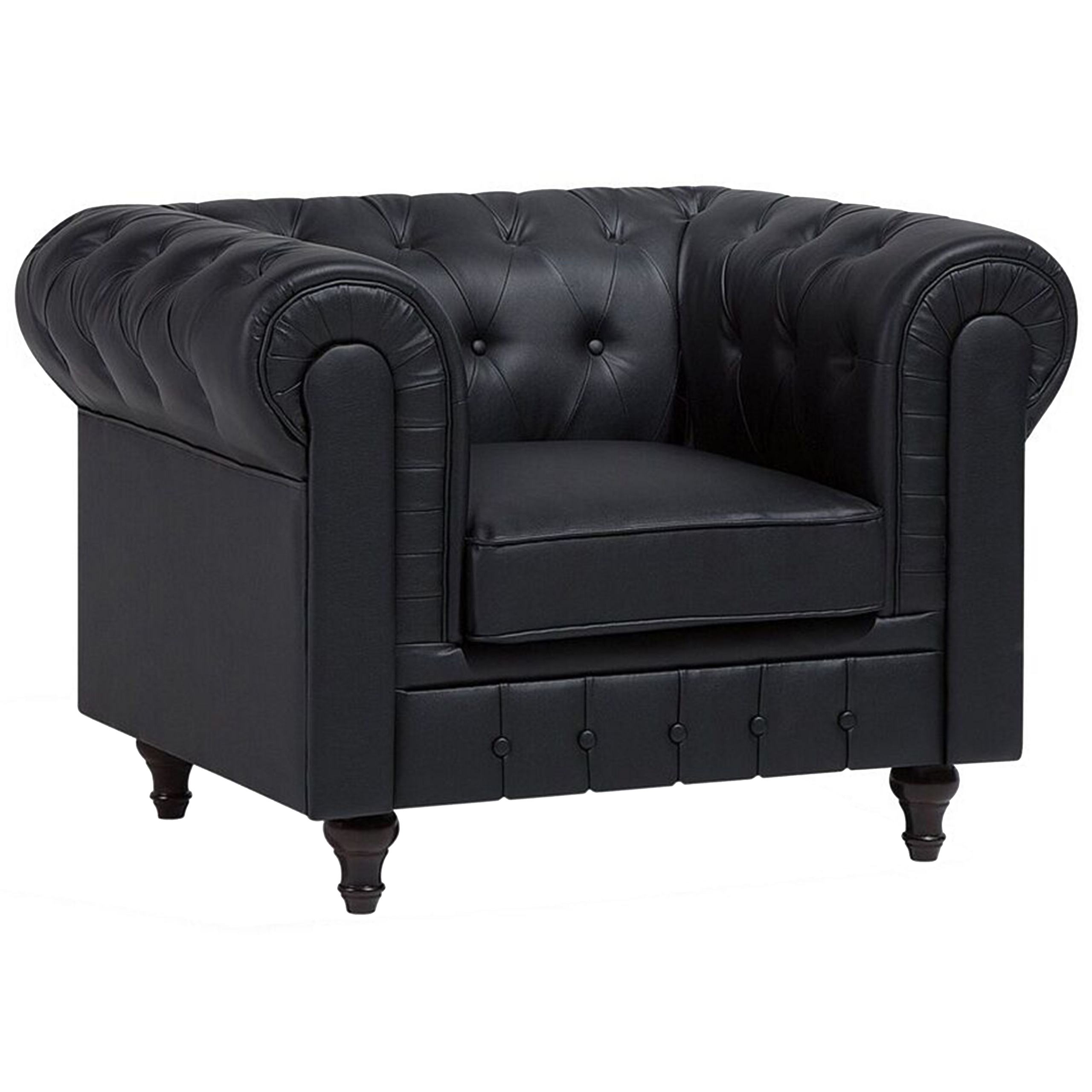Beliani Chesterfield Armchair Black Faux Leather Upholstery Dark Wood Legs Contemporary