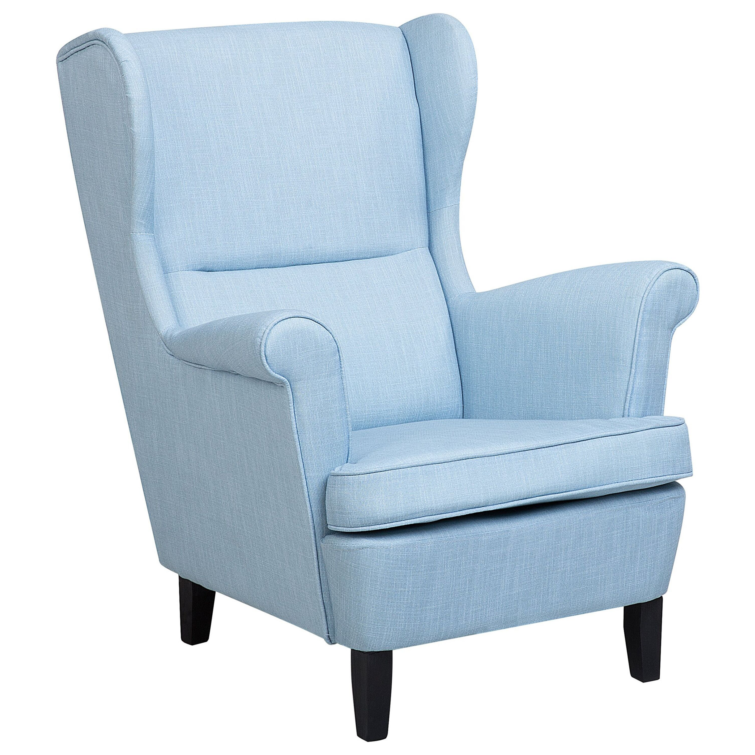 Beliani Wingback Chair Armchair Blue Fabric Upholstered Rolled Arms Retro