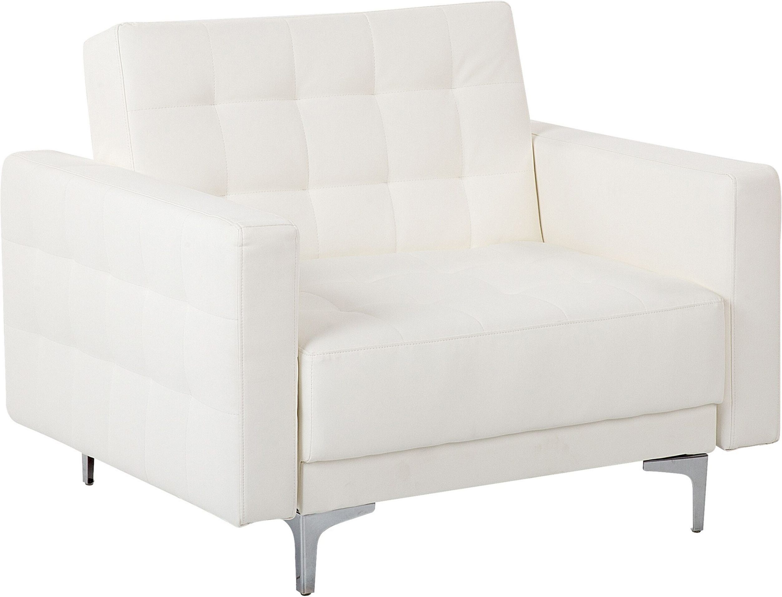 Beliani Armchair White Faux Leather Tufted Modern Living Room Reclining Chair Silver Legs Track Arm