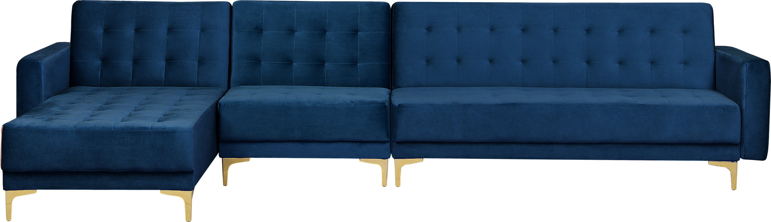 Beliani Corner Sofa Bed Navy Blue Velvet Tufted Fabric Modern L-Shaped Modular 5 Seater Right Hand Chaise Longue