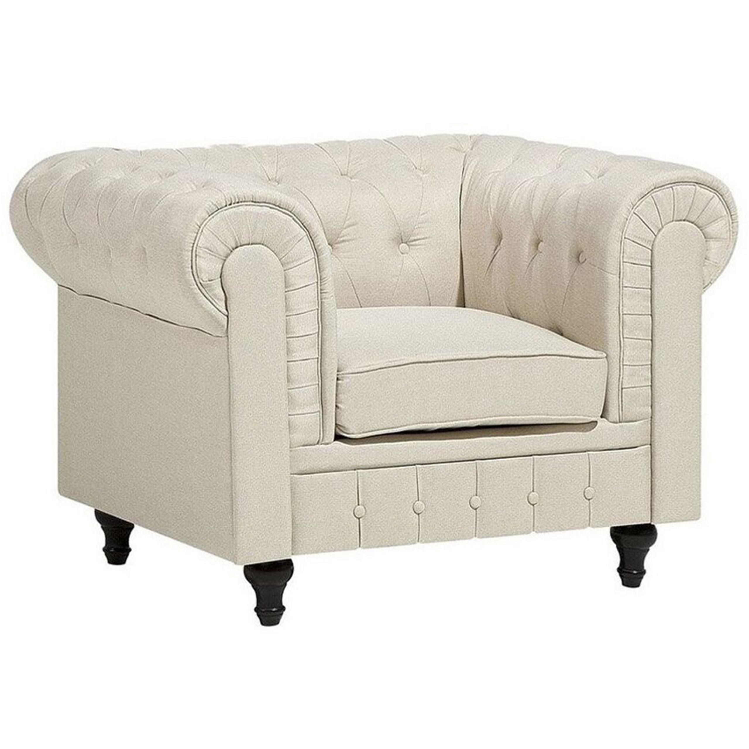 Beliani Chesterfield Armchair Beige Fabric Upholstery Dark Wood Legs Contemporary