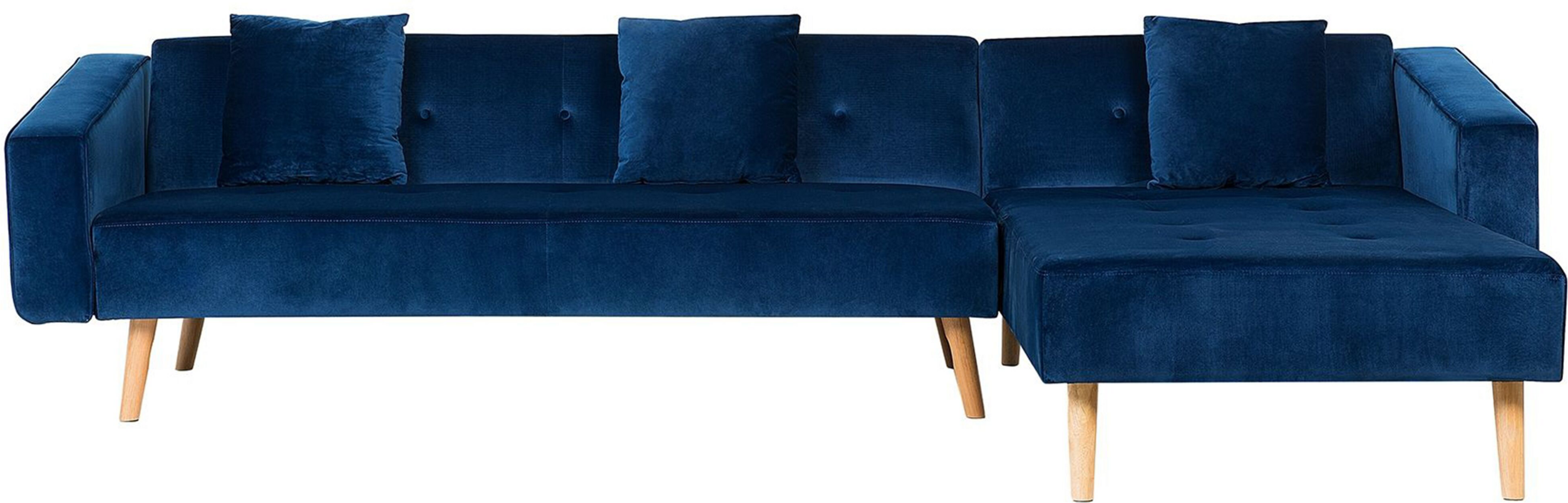 Beliani Corner Sofa Bed with 3 Pillows Blue Velvet Upholsery Light Wood Legs Reclining Left Hand Chaise Longue 4 Seater