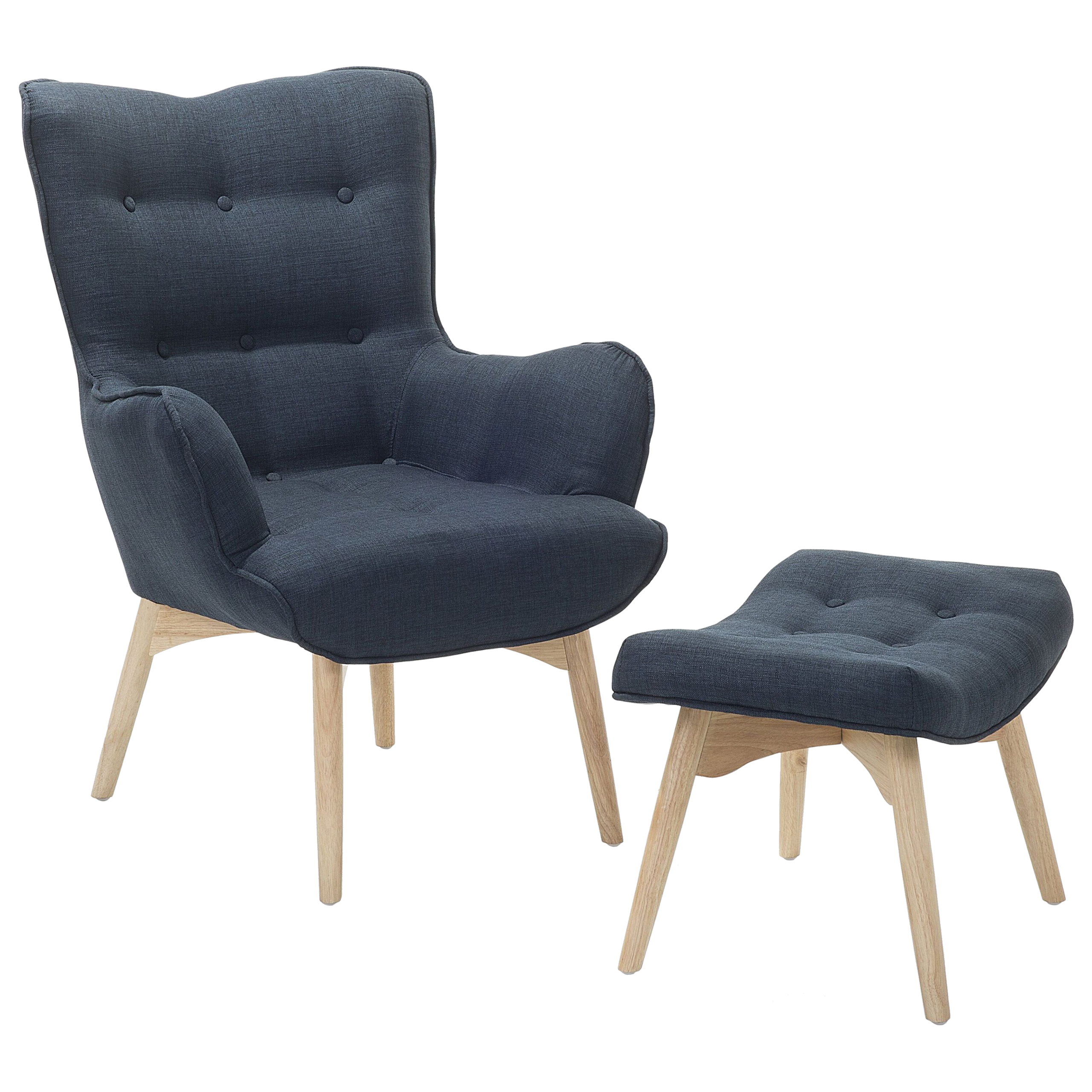 Beliani Wingback Chair with Ottoman Dark Blue Fabric Buttoned Retro Style