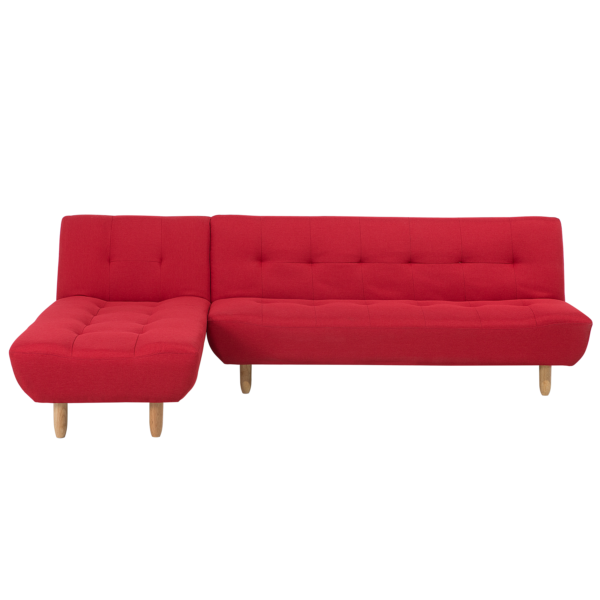 Beliani Corner Sofa Red Fabric Upholsery Light Wood Legs Right Hand Chaise Longue 3 Seater
