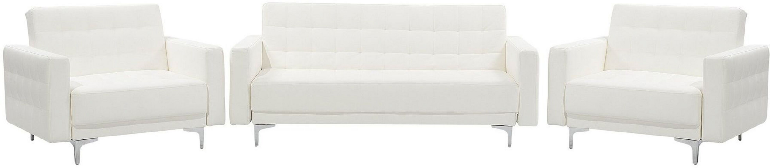 Beliani Living Room Set White Faux Leather Tufted 3 Seater Sofa Bed 2 Reclining Armchairs Modern 3-Piece Suite