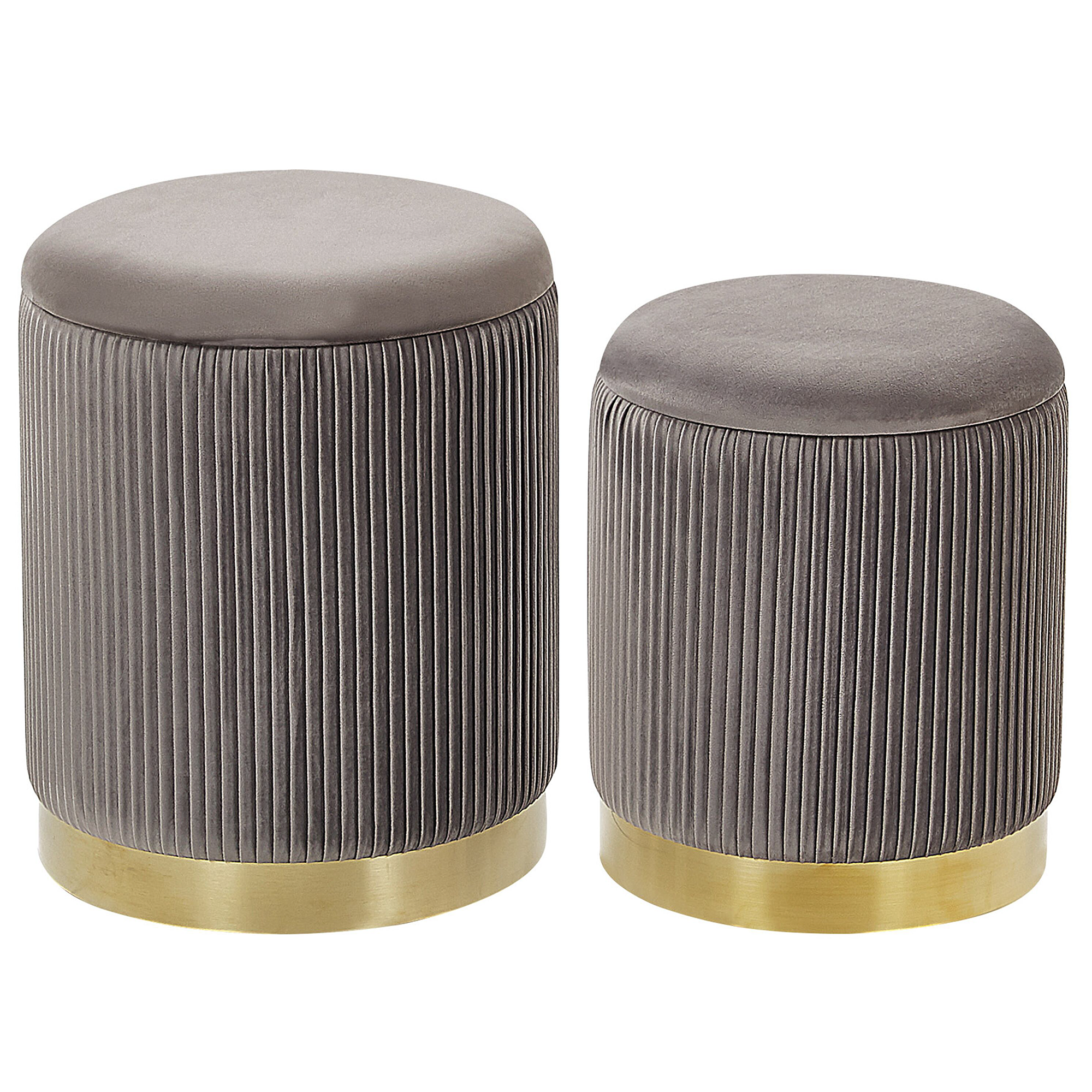 Beliani Set of 2 Storage Pouffes Grey Polyester Velvet Upholstery Gold Base Modern Design Horizontal Tuft Living Room Accent Piece