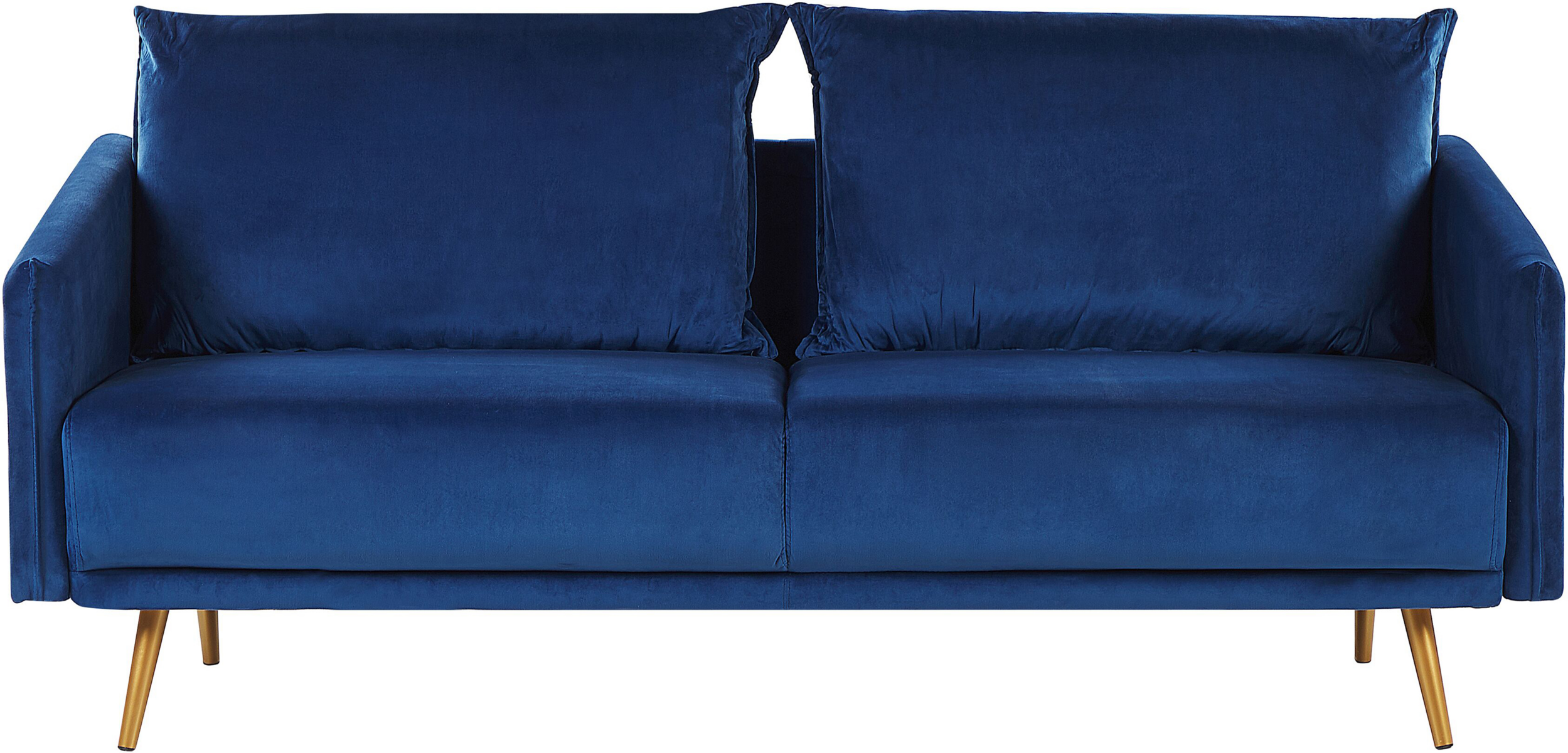 Beliani Sofa Navy Blue Velvet 3 Seater Back Cushioned Seat Metal Golden Legs Retro Glam