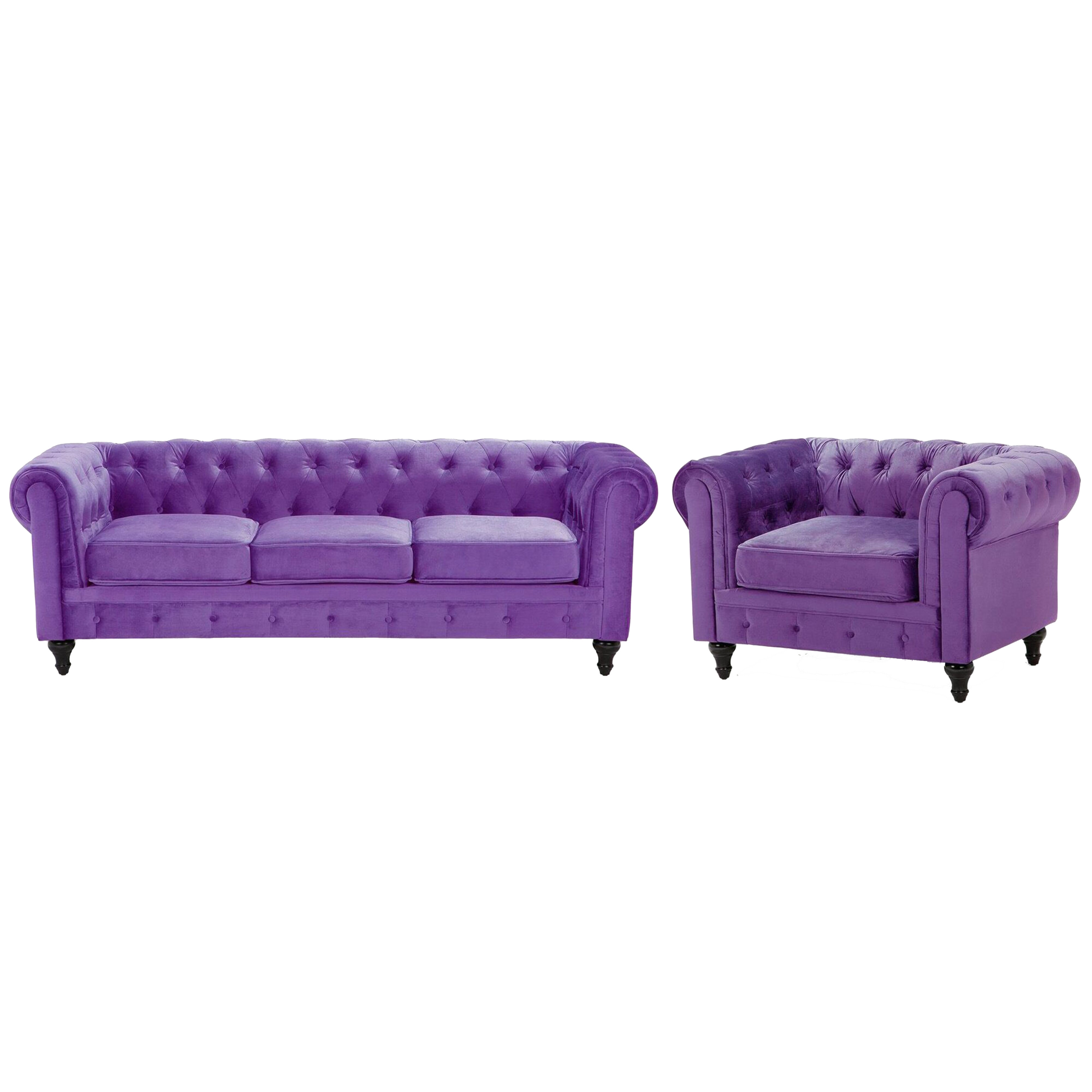 Beliani Chesterfield Living Room Set Purple Velvet Fabric Upholstery Dark Wood Legs 3 Seater Sofa + Armchair Contemporary