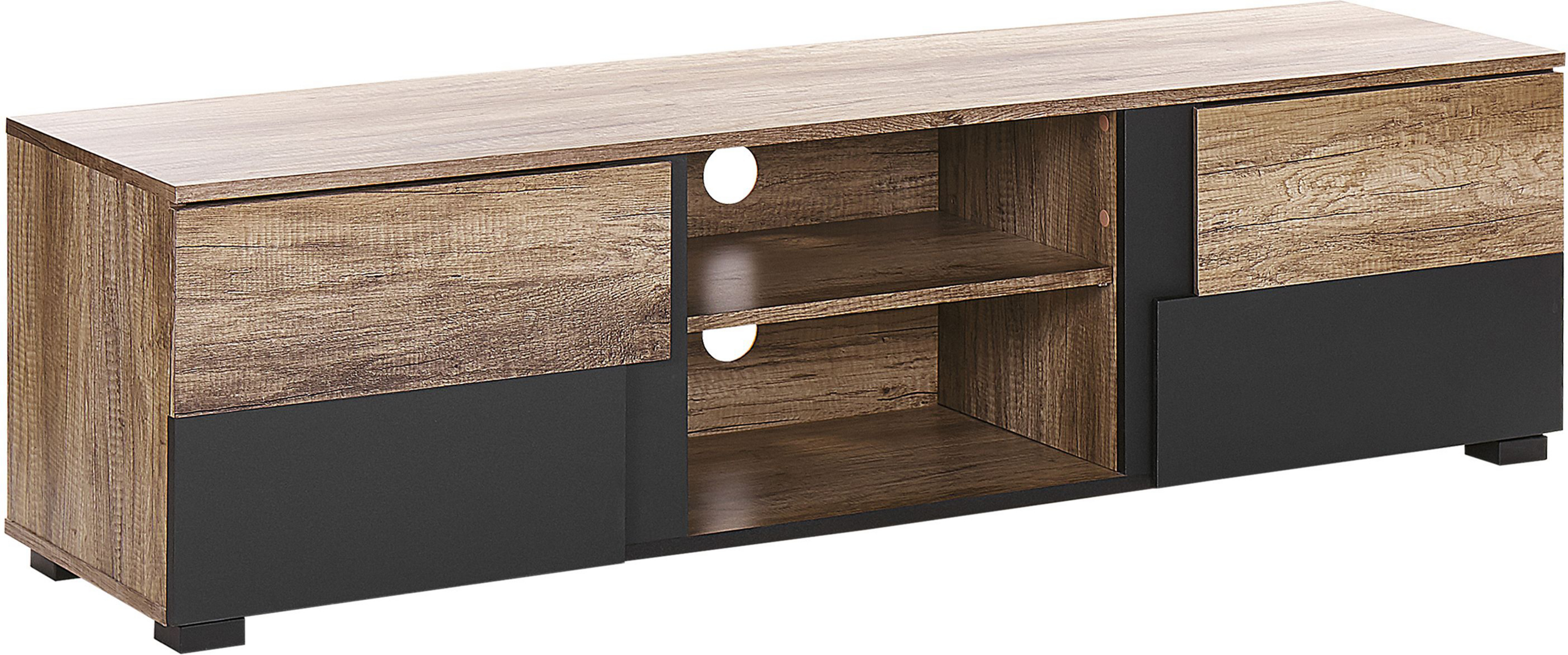 Beliani TV Stand Light Wood and Black Particle Board for 68'' TV Shelves Doors Cable Management Holes Modern Design