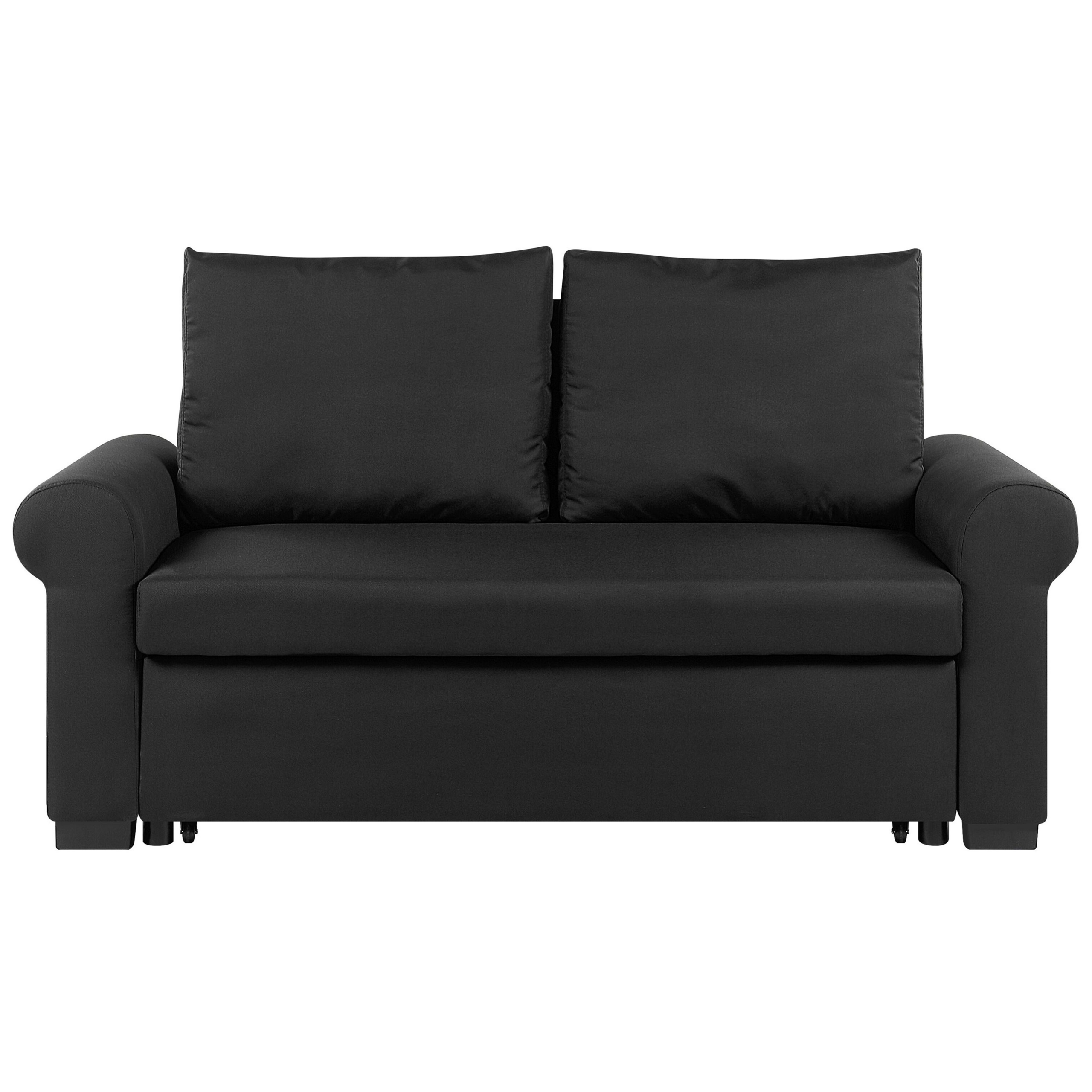 Beliani Sofa Bed Black Polyester Fabric 2 Seater Pull-Out Convertible Sleeper Retro