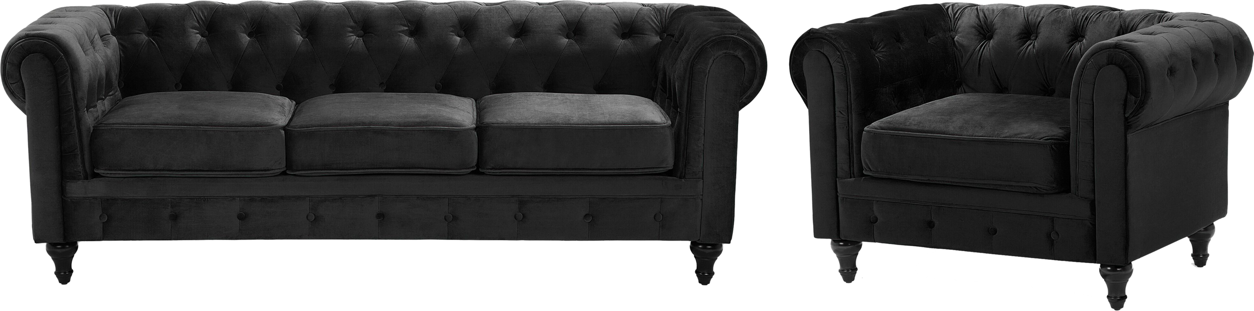 Beliani Chesterfield Living Room Set Black Velvet Fabric Upholstery Dark Wood Legs 3 Seater Sofa + Armchair Contemporary