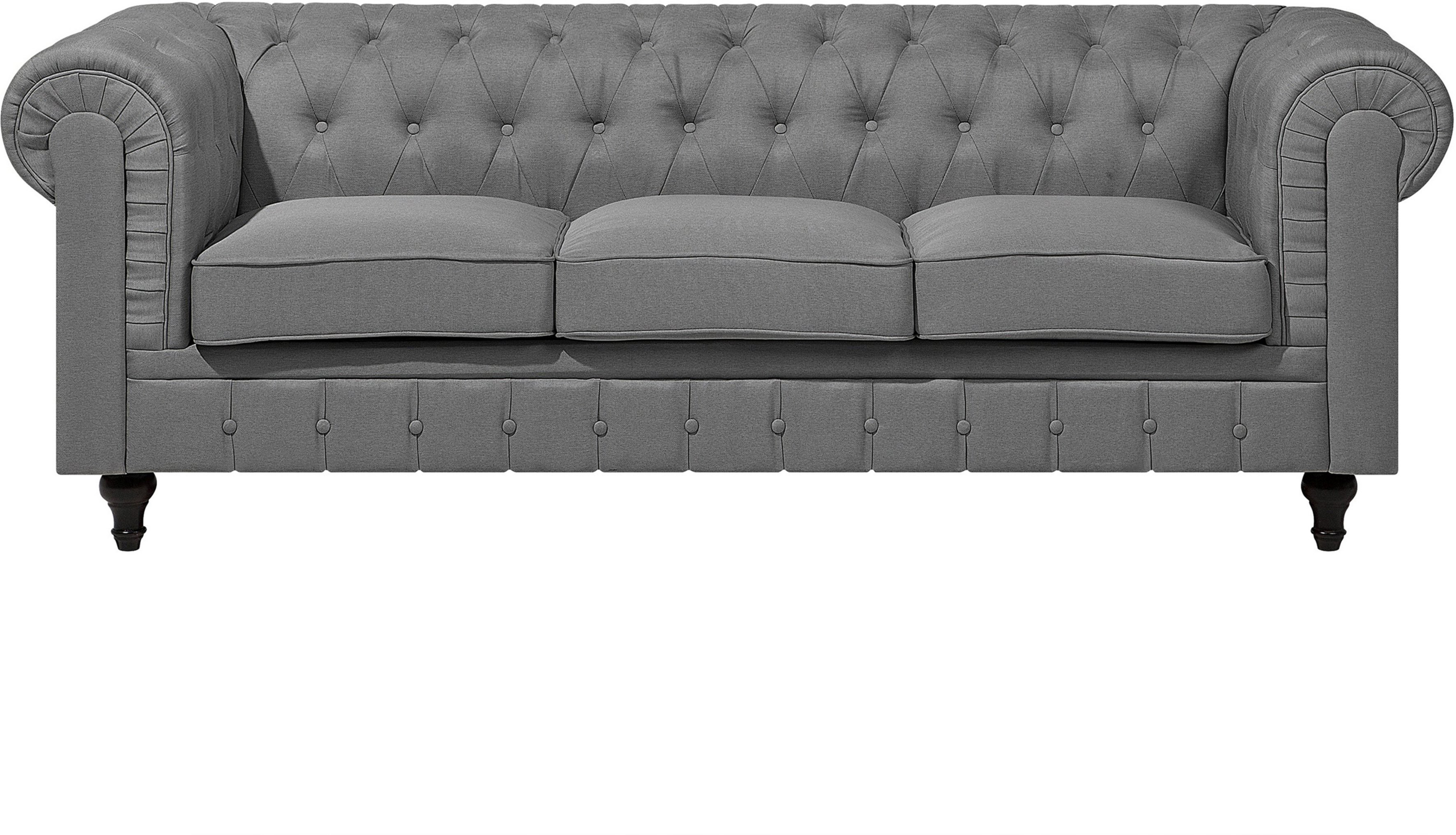 Beliani Chesterfield Sofa Light Grey Fabric Upholstery Dark Wood Legs 3 Seater Contemporary